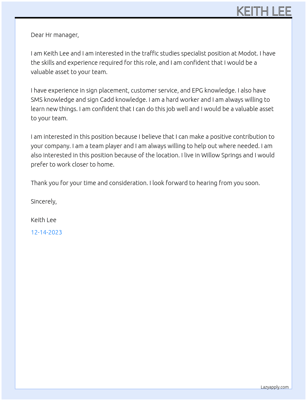 Traffic studies specialist  At Modot Cover Letter