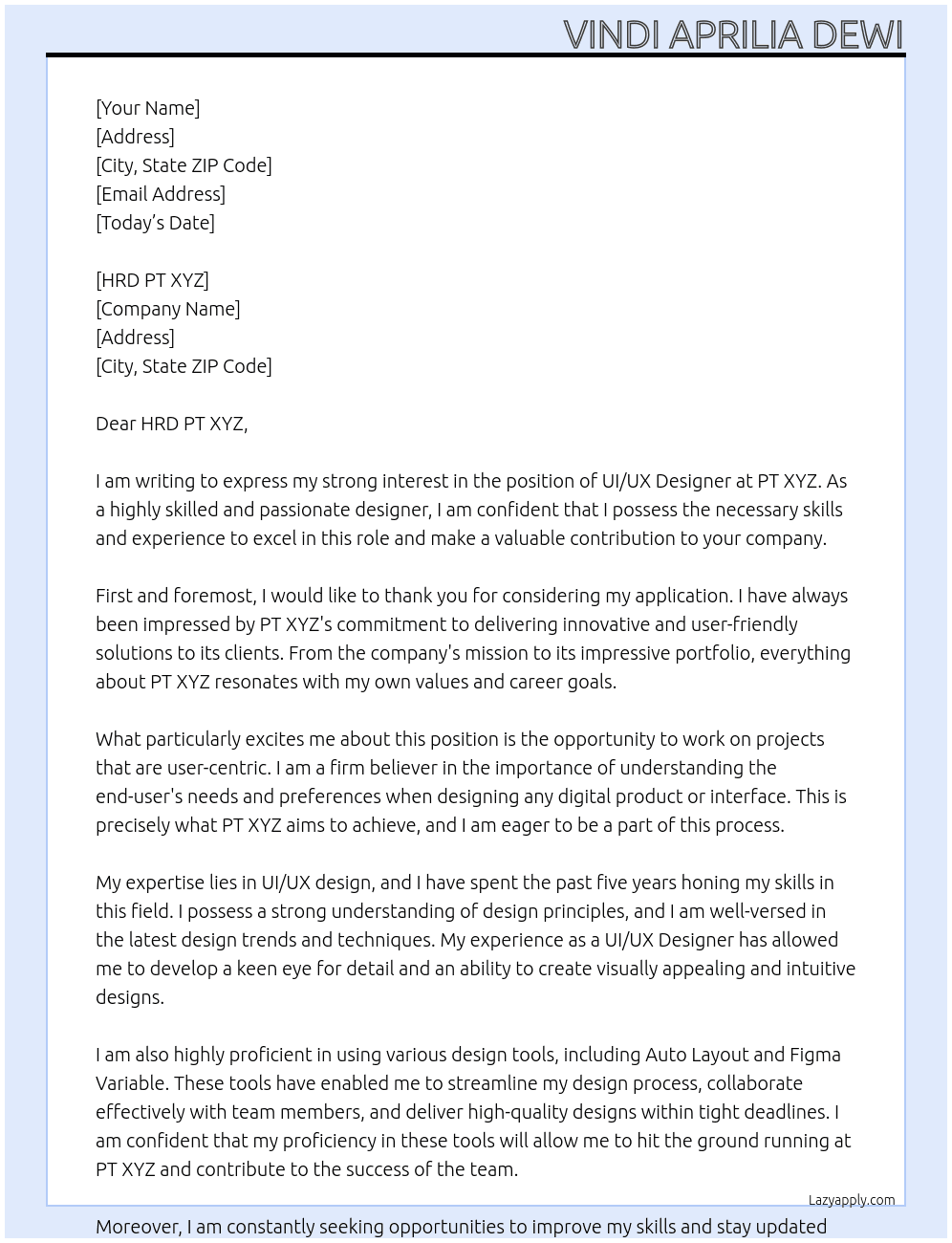 UI/UX Designer At PT XYZ Cover Letter
