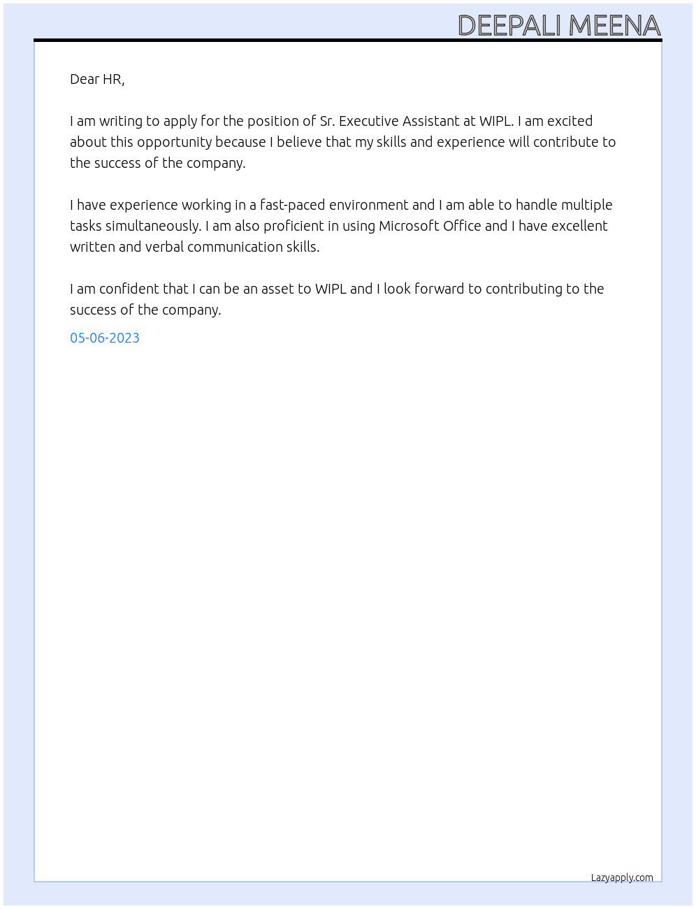 Sr. Executive Assistant  At WIPL Cover Letter
