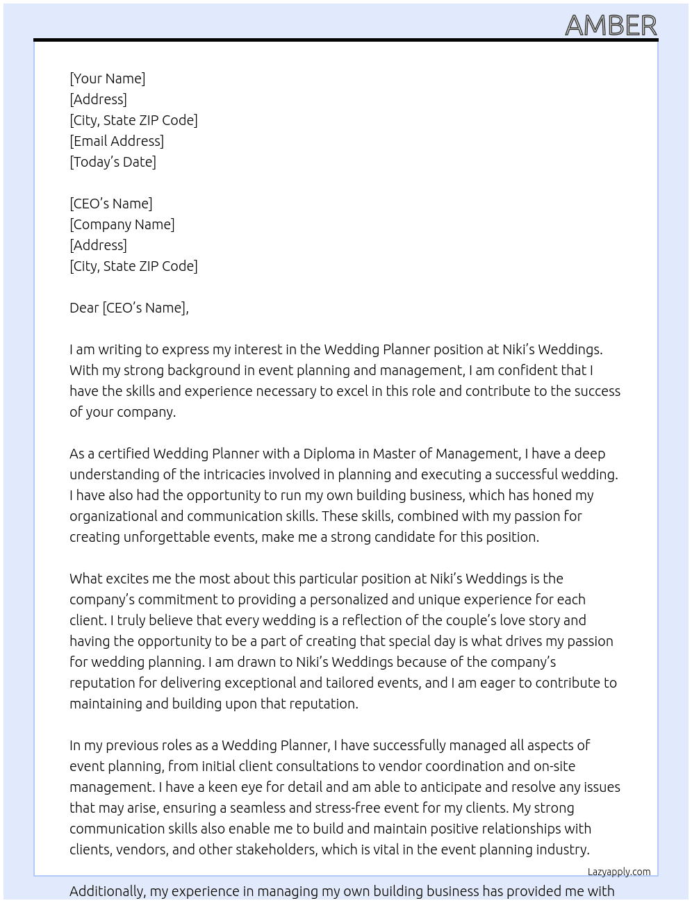 Wedding Planner At Niki's Weddings Cover Letter