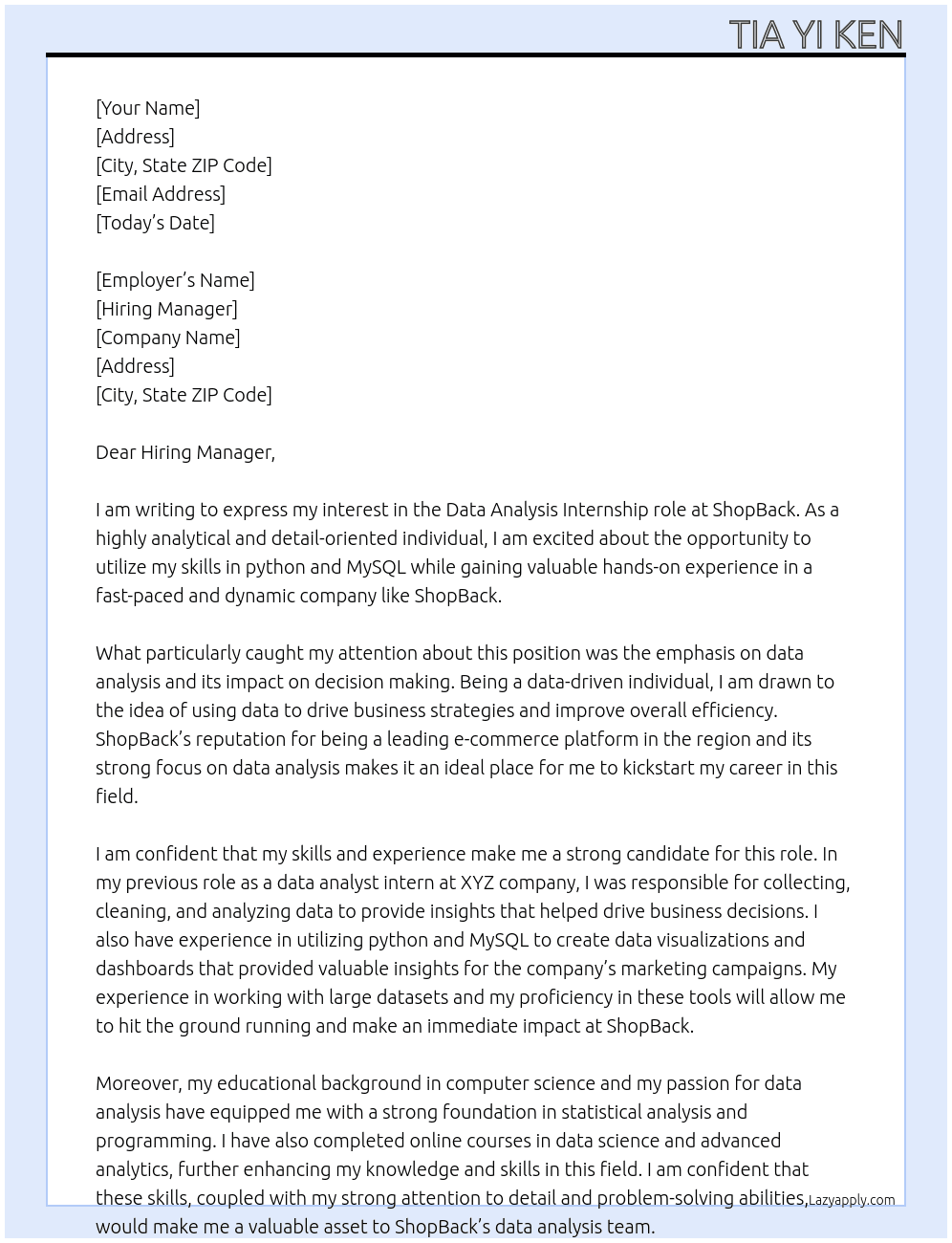 Data analysis  At ShopBack Cover Letter