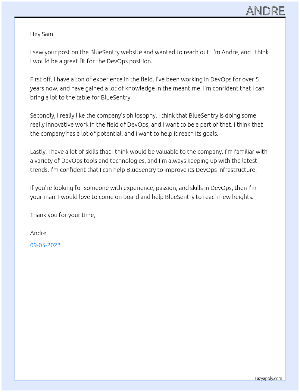 DevOps At BlueSentry Cover Letter