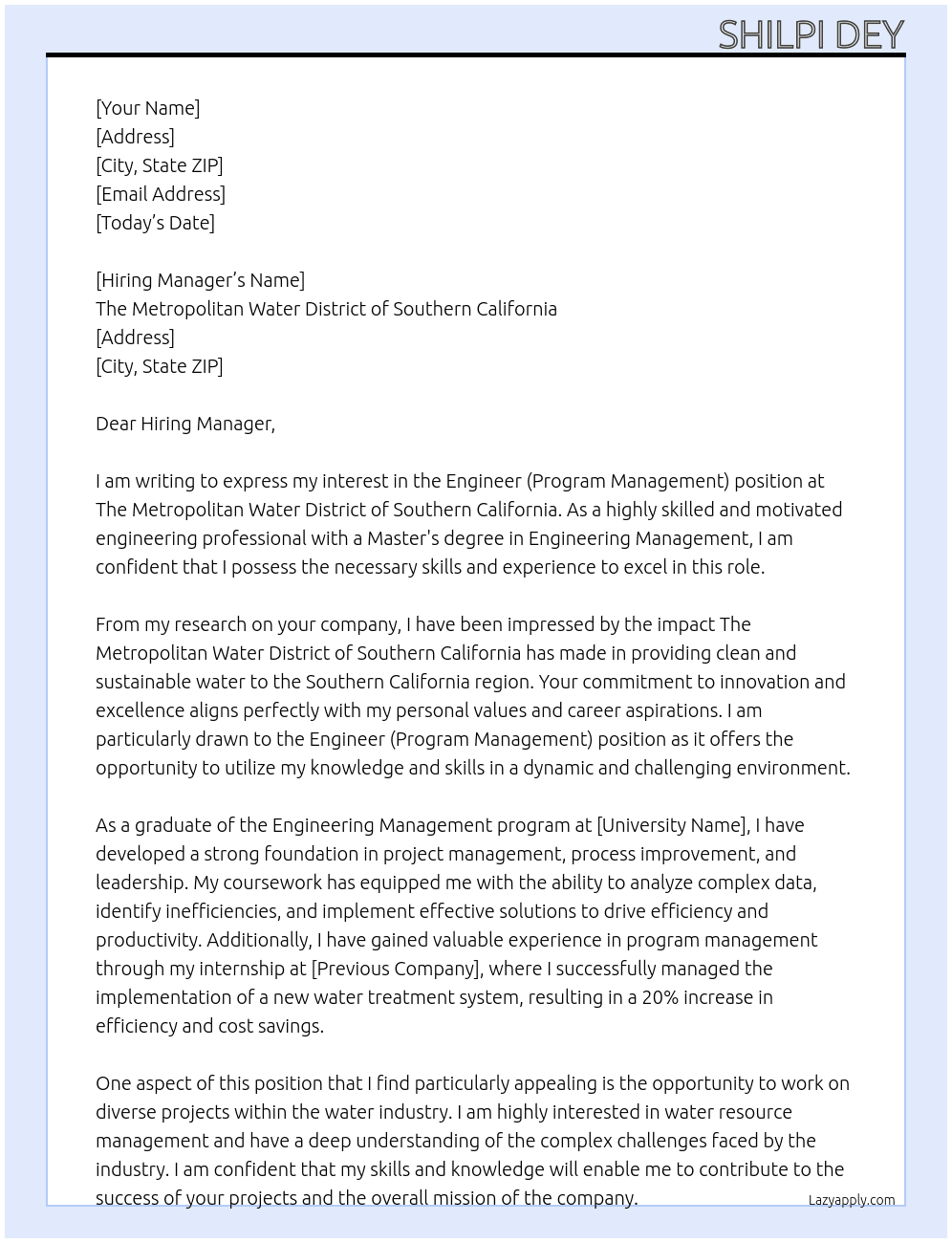 Engineer (Program Management) At The Metropolitan Water District of Southern California Cover Letter