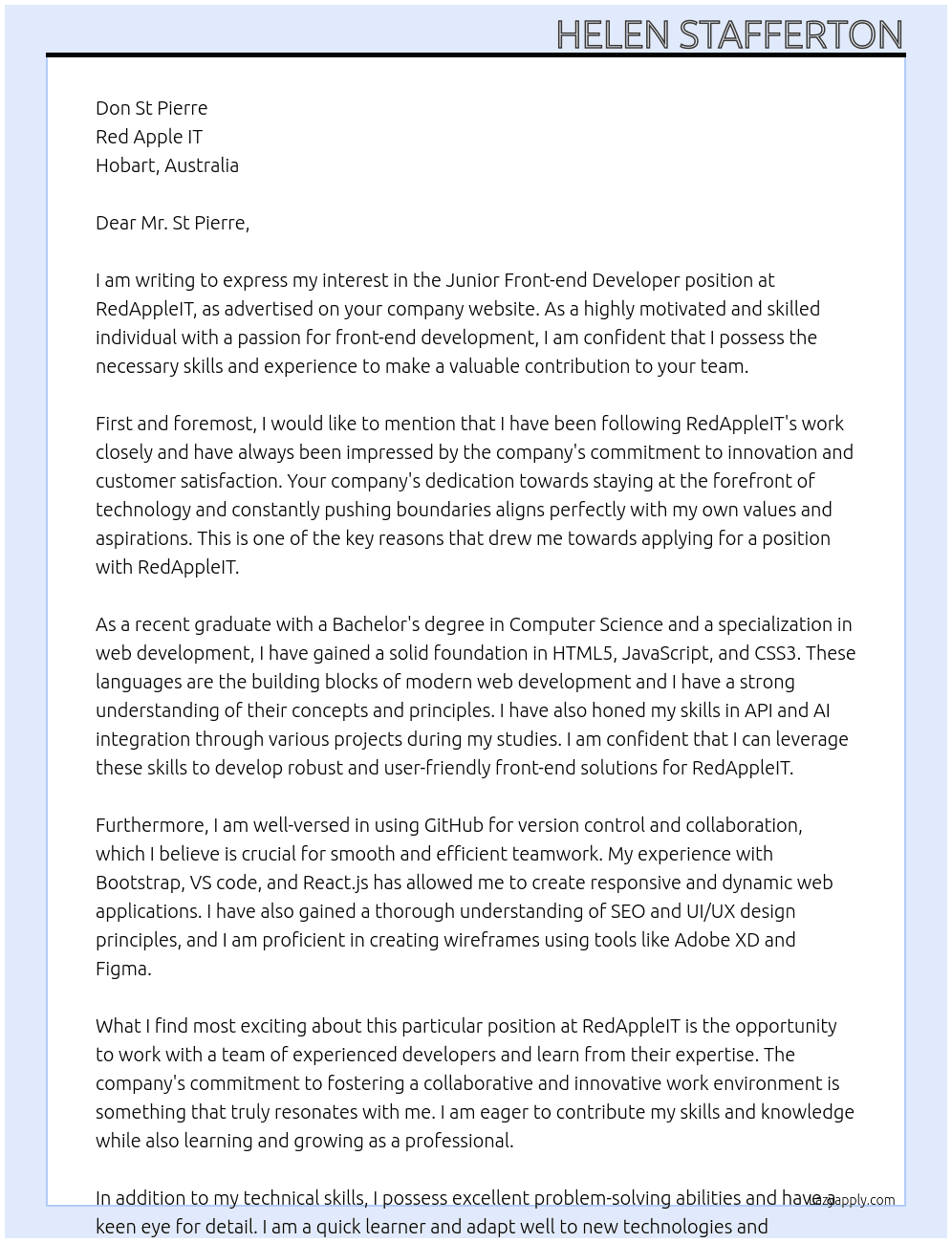 Junior Front-end Developer  At RedAppleIT Cover Letter
