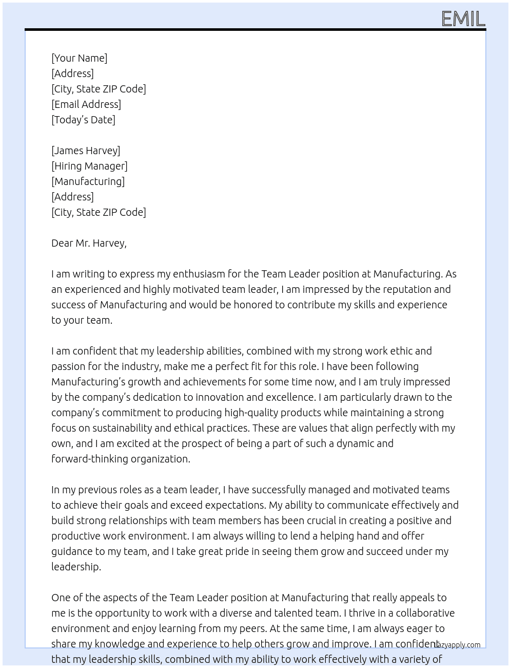 Team leader At Manufacturing Cover Letter