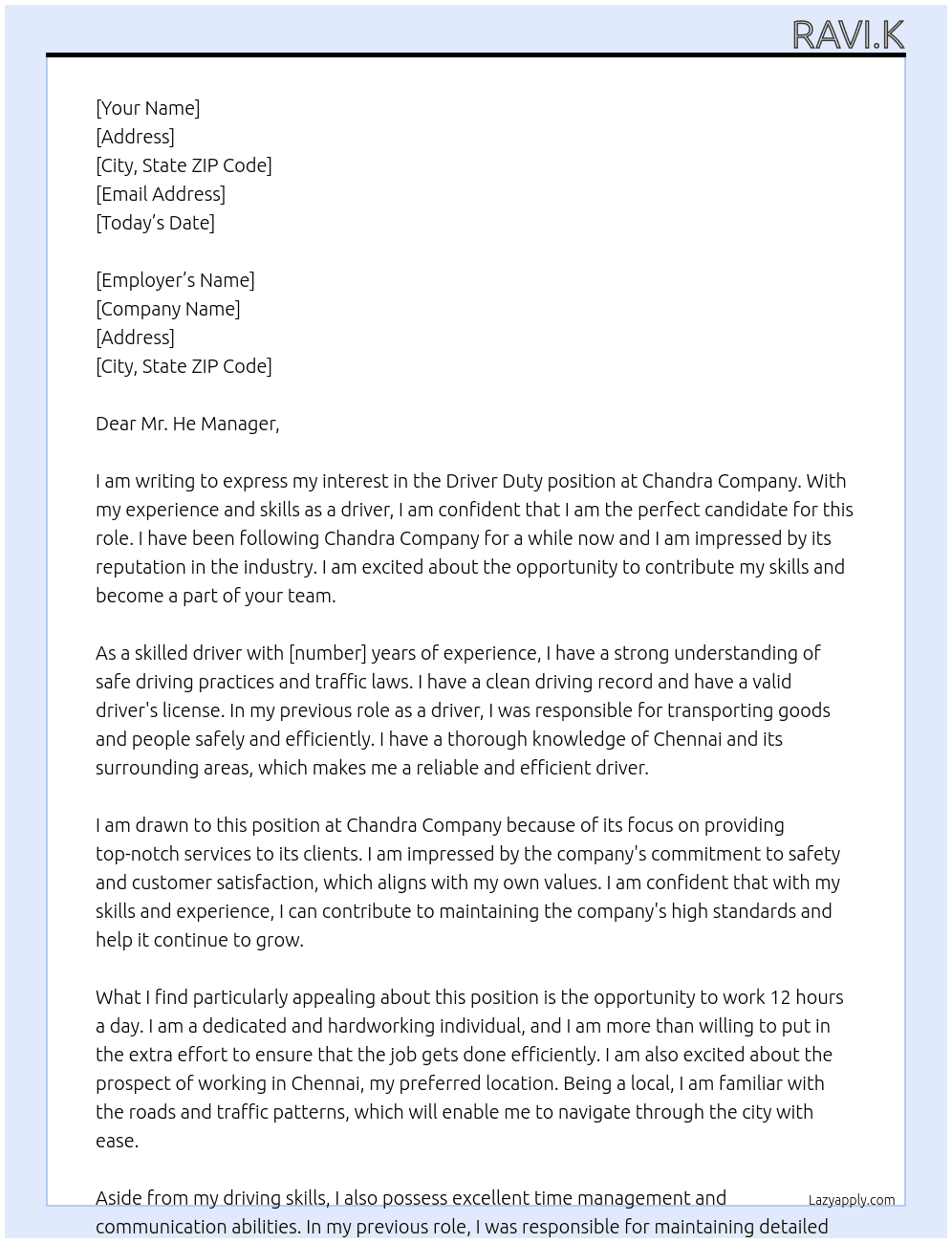 driver duty  At Chandra company Cover Letter