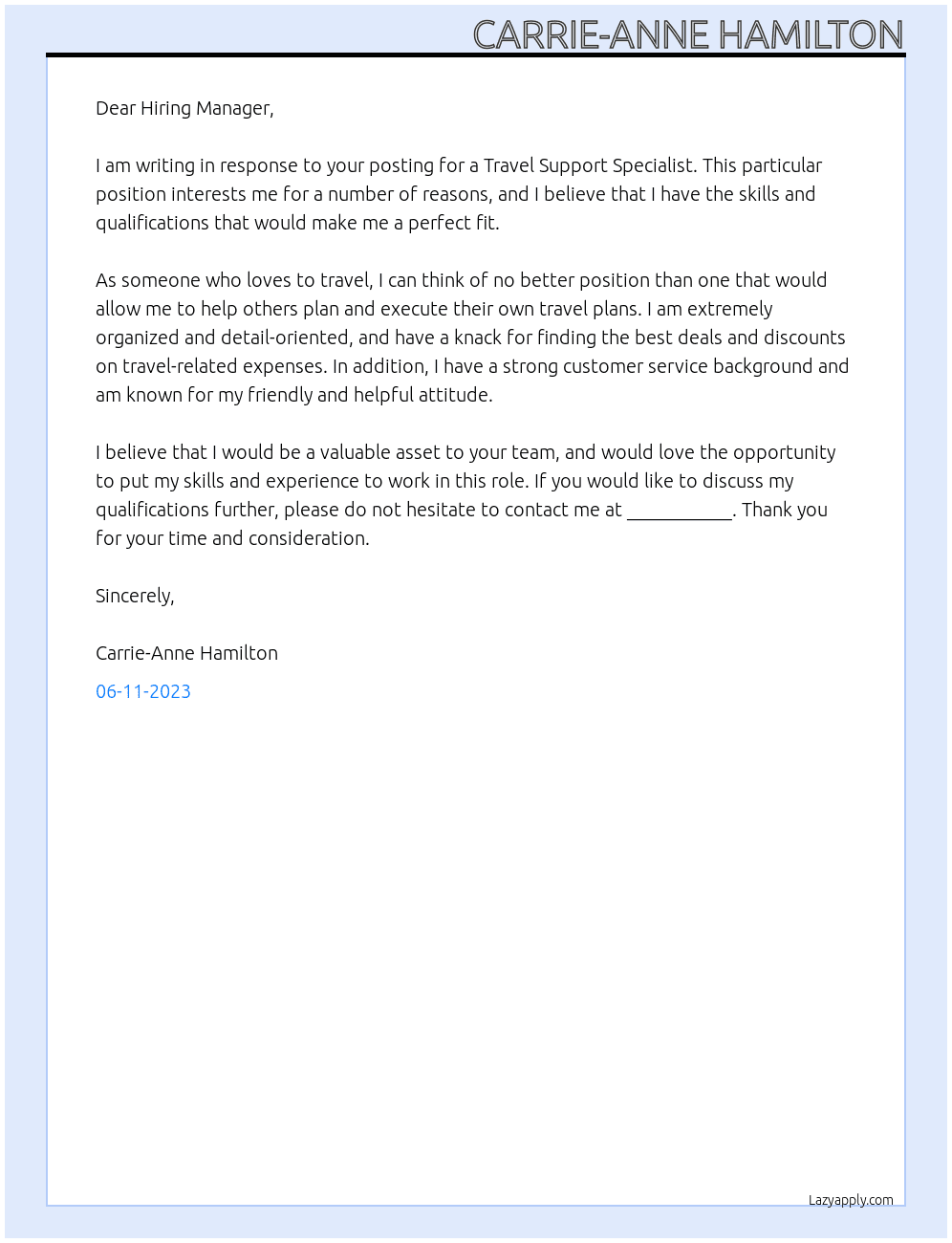 Travel Support Specialist  At TEN Cover Letter