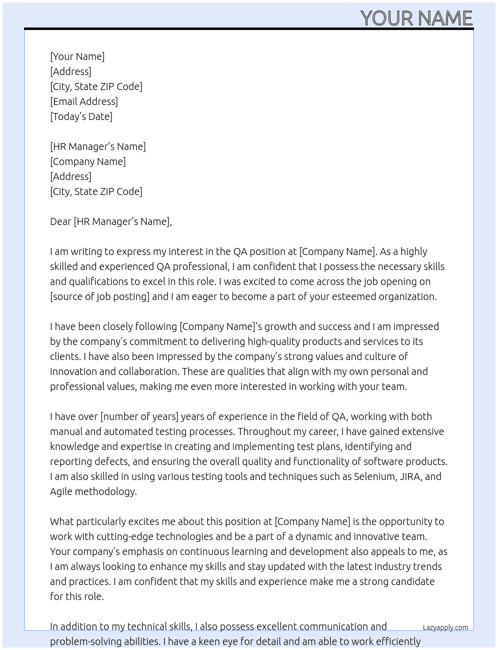 Qa At Company  Cover Letter
