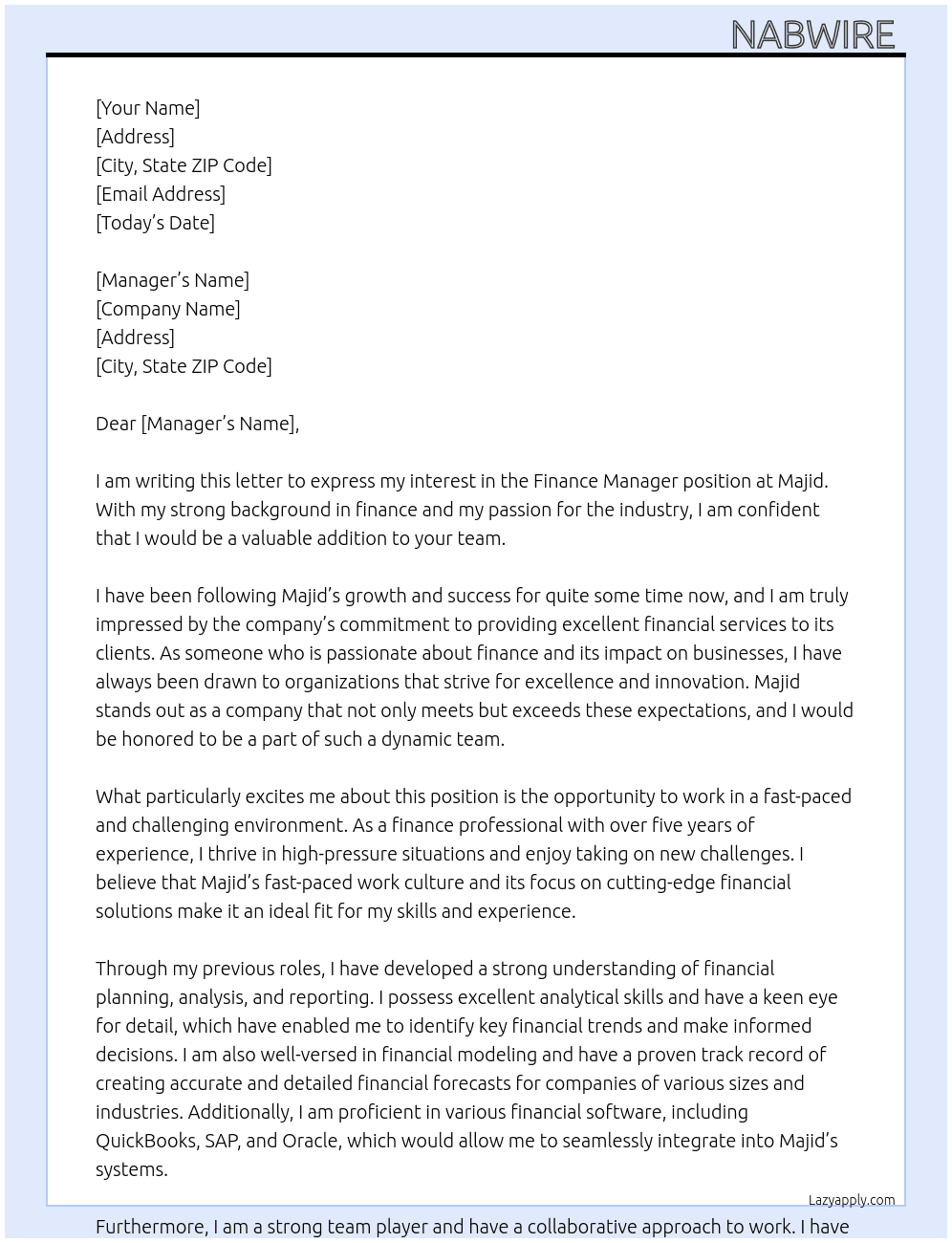 Finance  At Majid Cover Letter