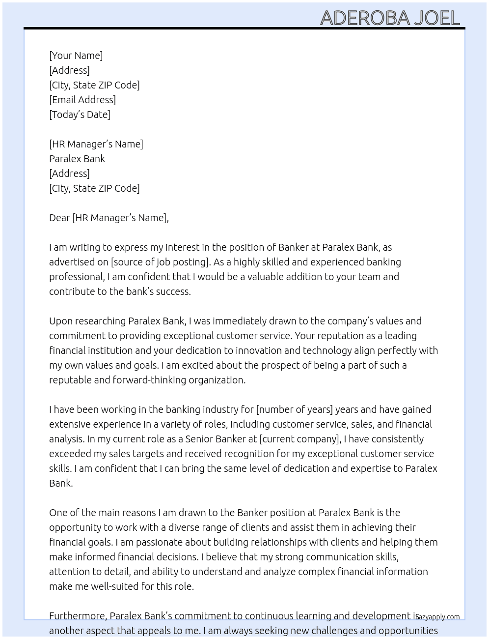 Banker At Paralex bank Cover Letter