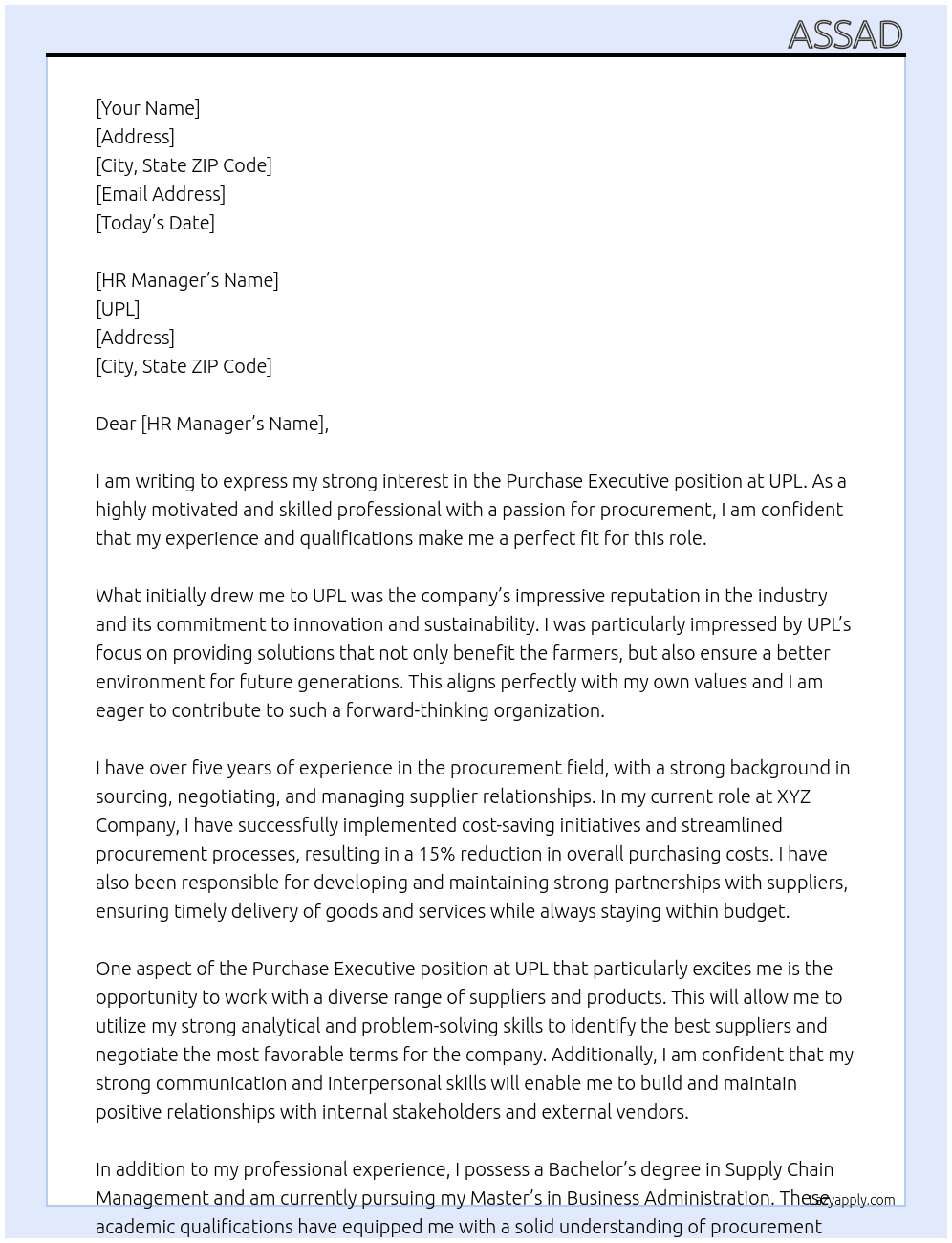 Purchase Executive At UPL Cover Letter