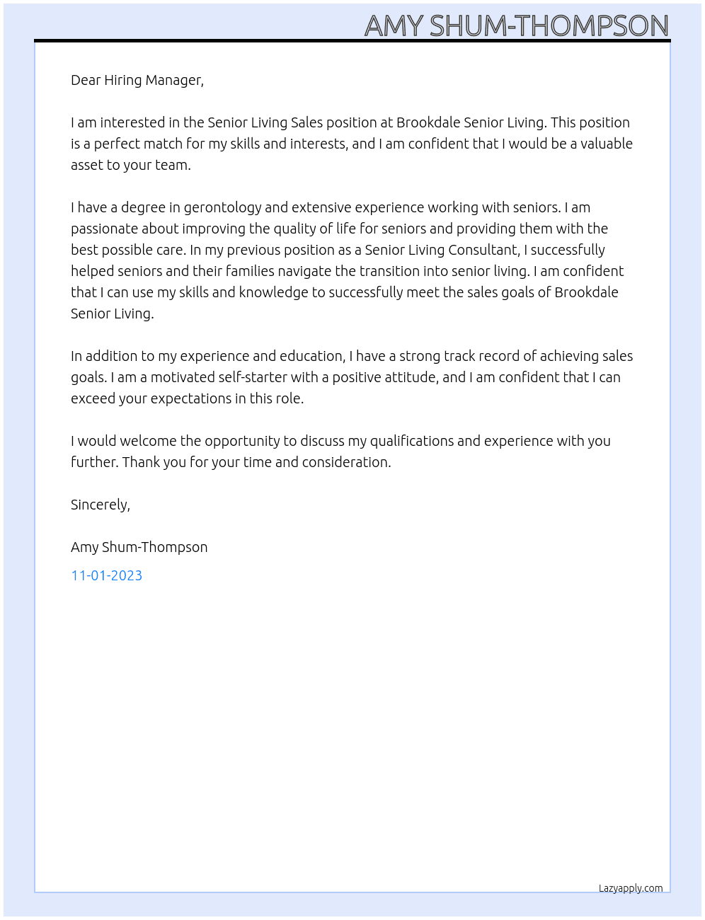 Senior Living Sales  At Brookdale Senior Living  Cover Letter