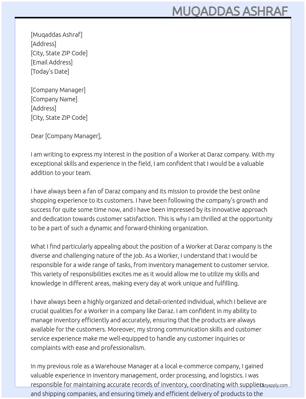Worker  At Daraz company  Cover Letter