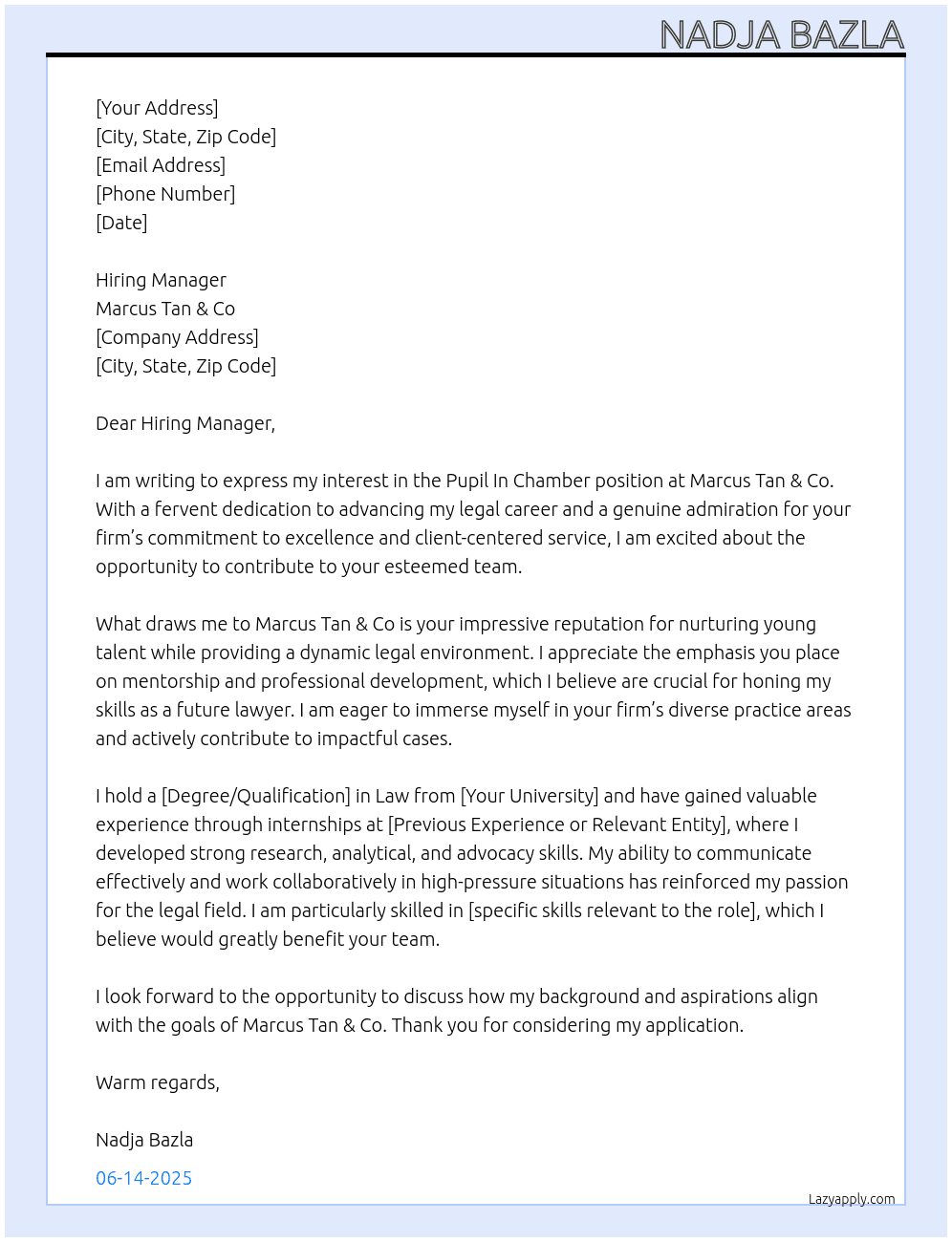 Pupil In Chamber At Marcus Tan & Co Cover Letter