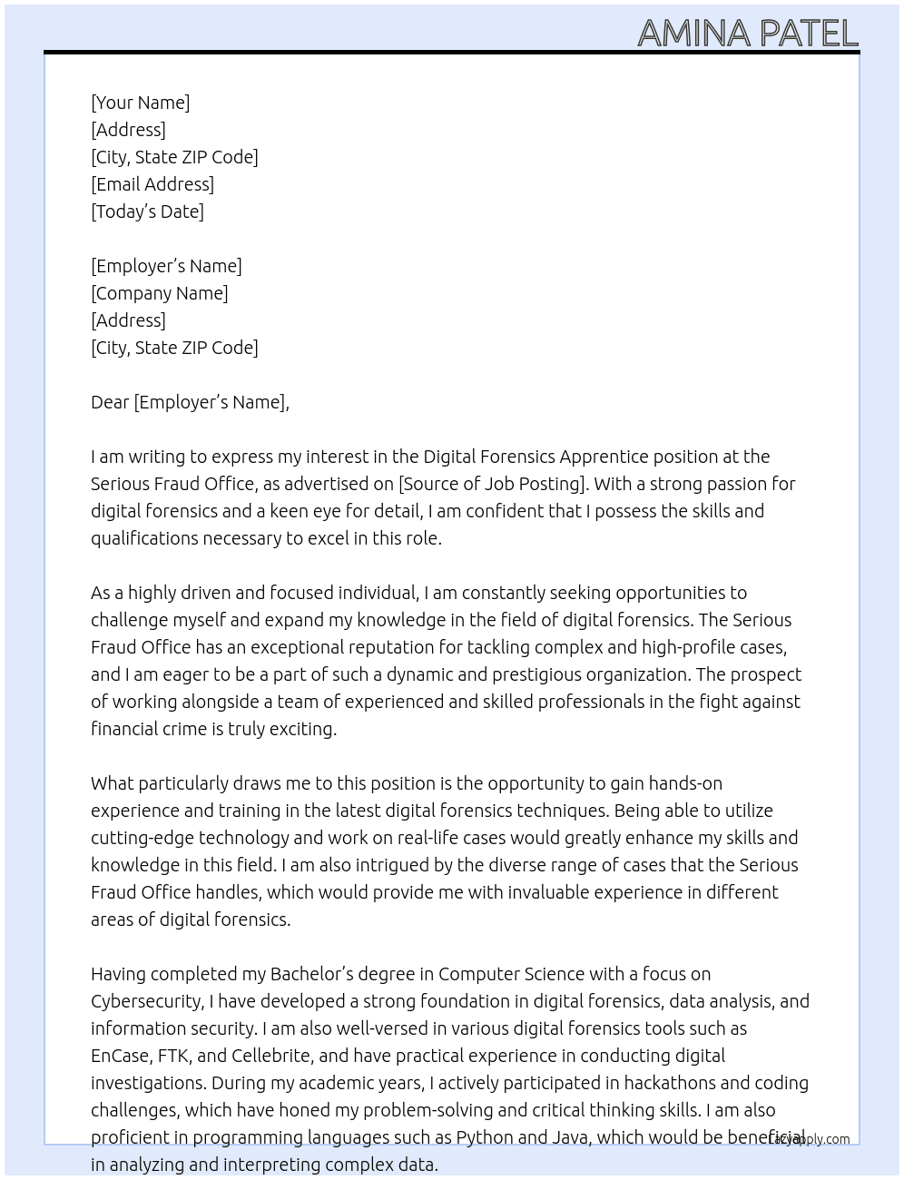 Digital Forensics Apprenice At Serious fraud office Cover Letter