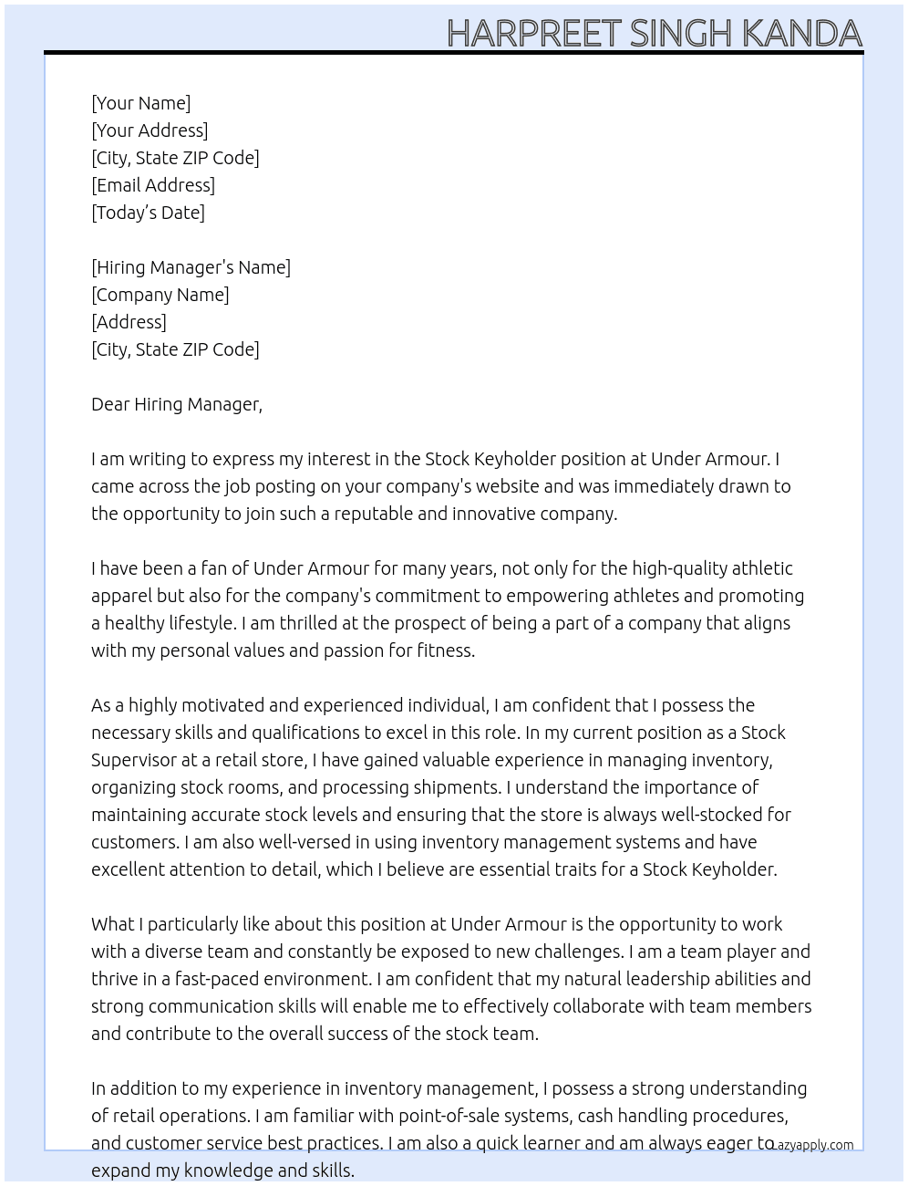 Stock Keyholder At Under Armour Cover Letter