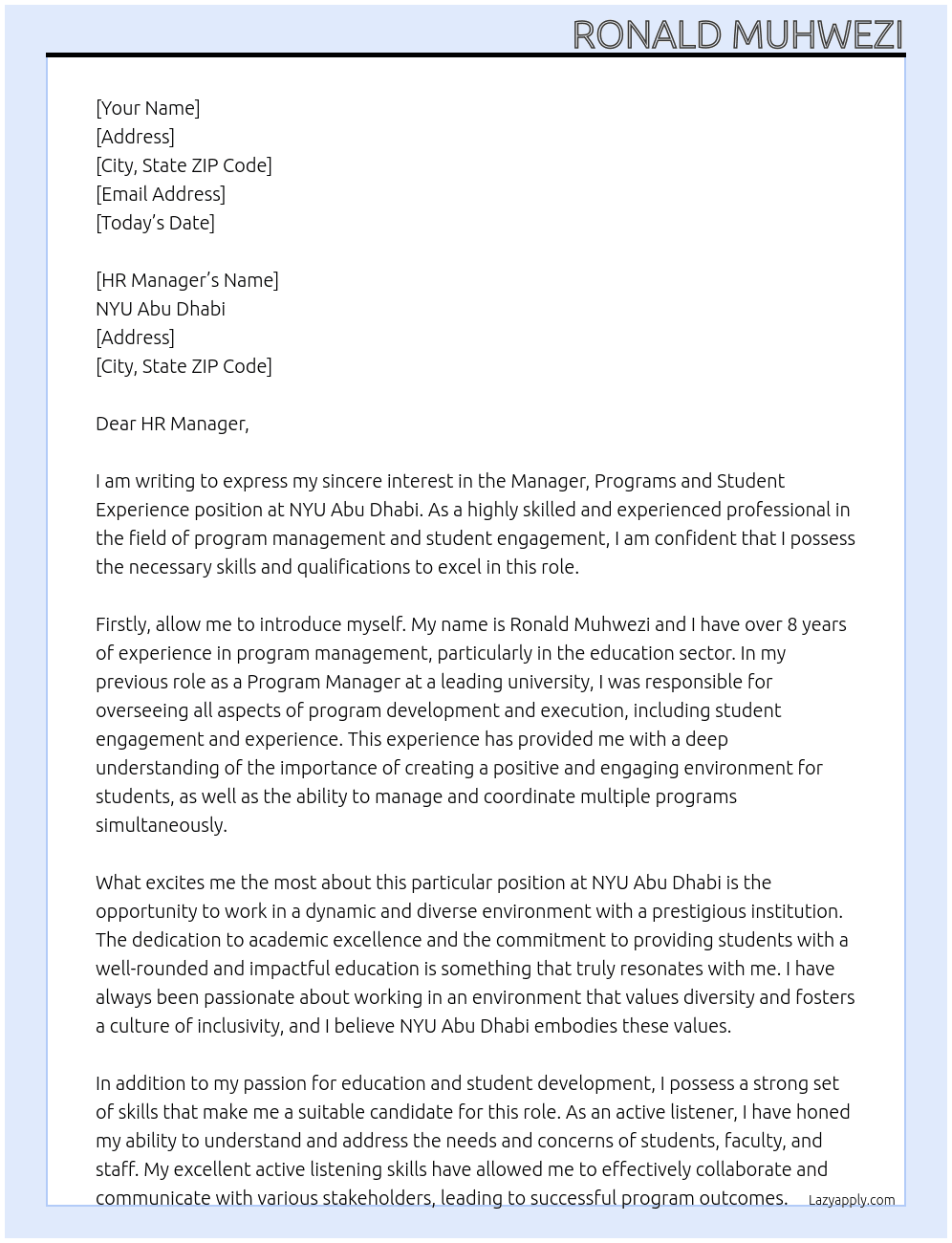 Manager, Programs and Student Experience At NYU Abu Dhabi Cover Letter