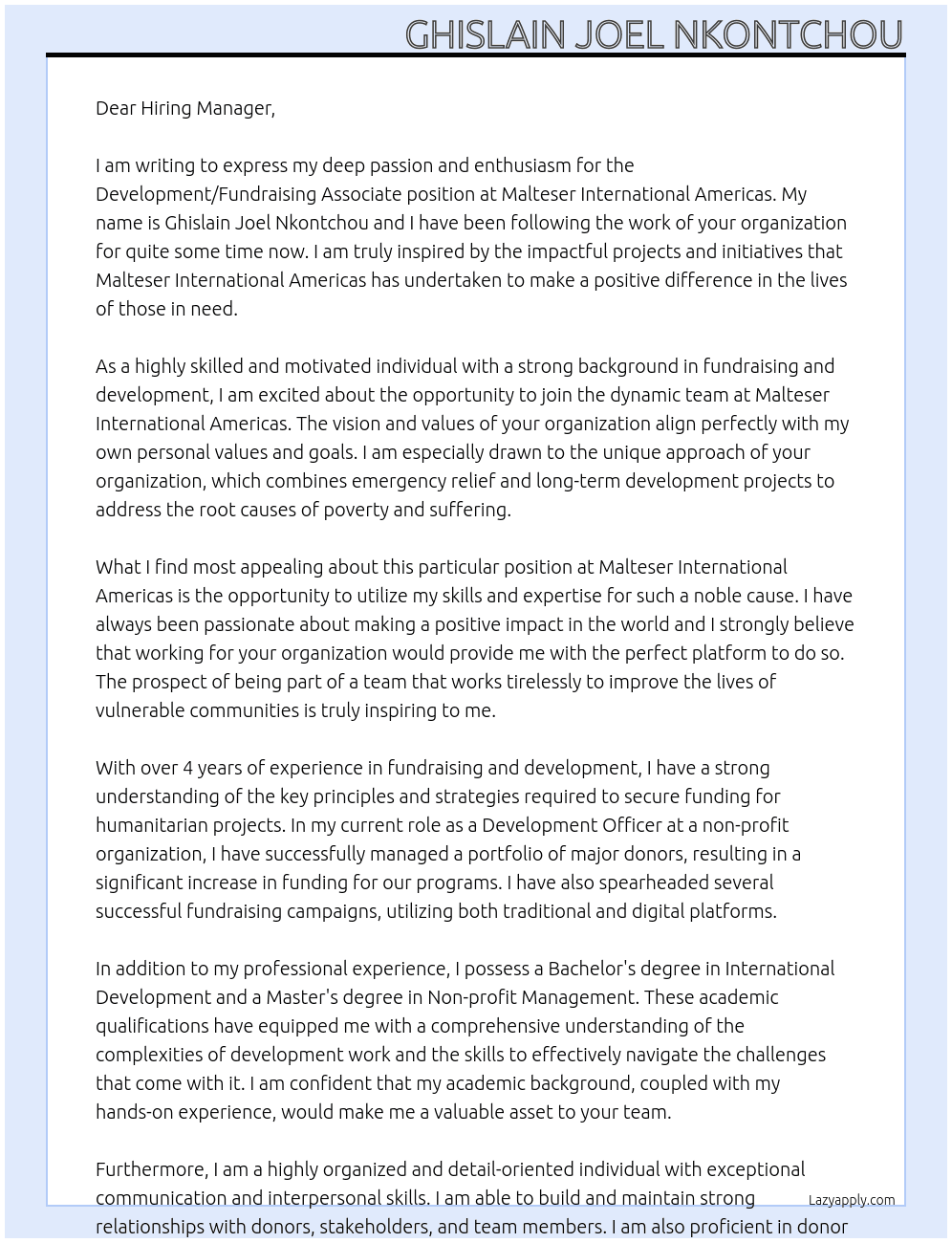 Development/Fundraising Associate At Malteser International Americas Cover Letter