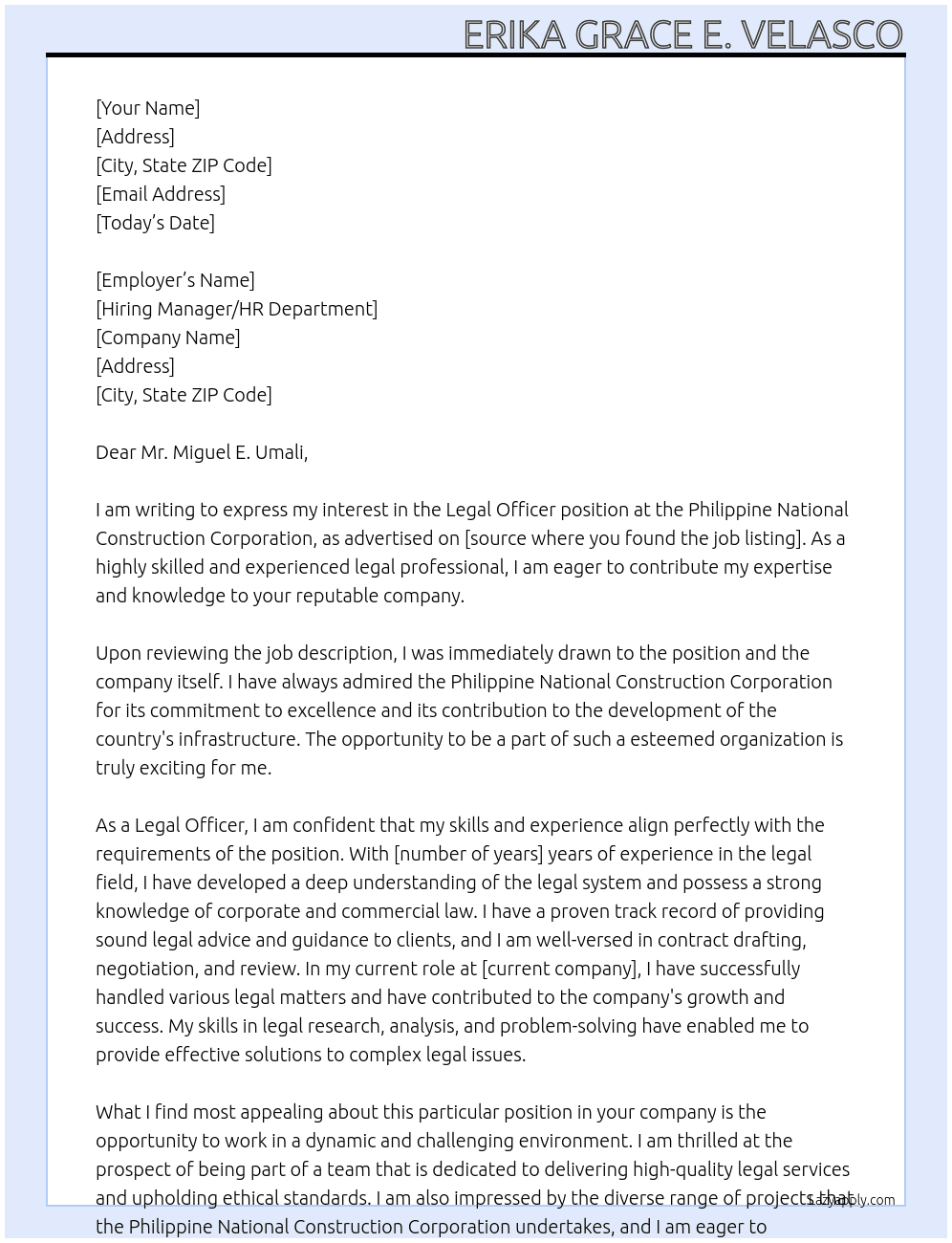 Legal Officer At Philippine National Construction Corporation Cover Letter