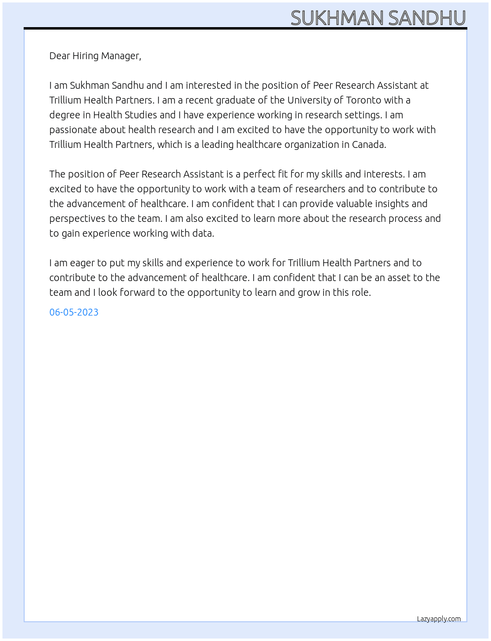 Peer Research Assistant At Trillium Health Partners Cover Letter