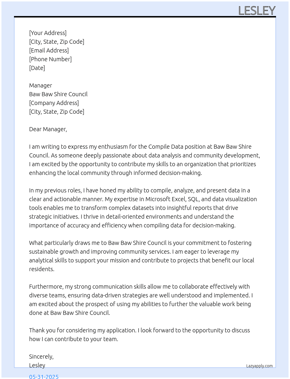 Cover letter for compile data - LazyApply