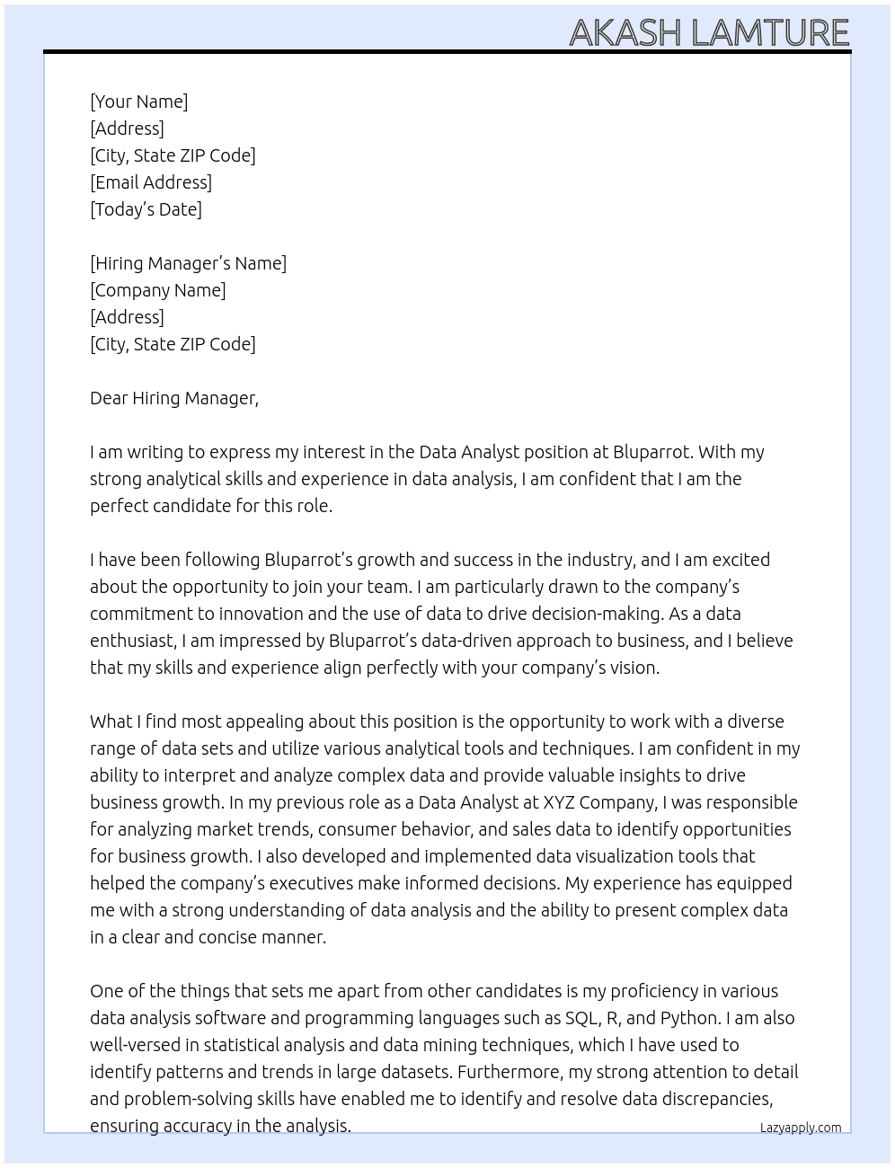 Data Analyst  At Bluparrot  Cover Letter