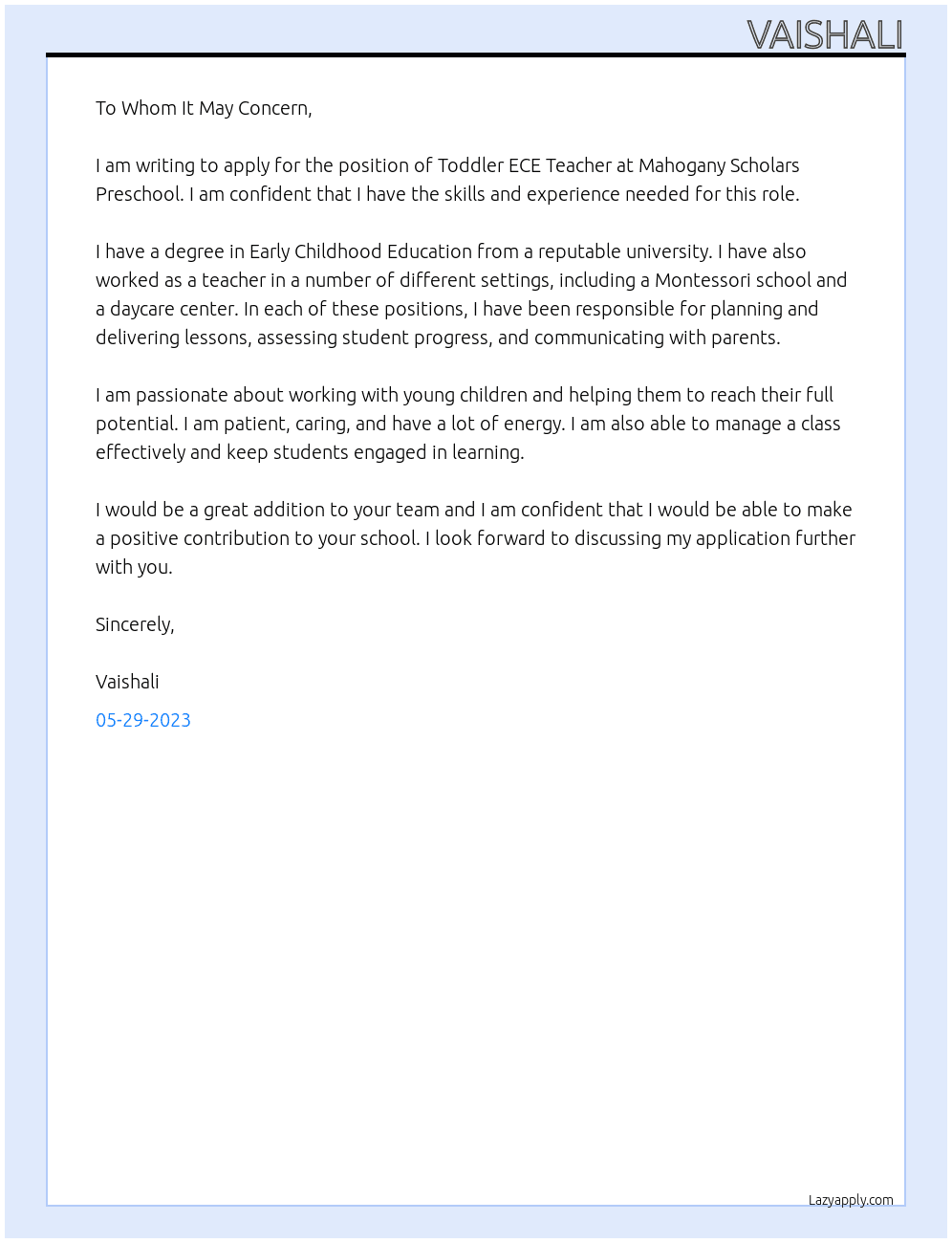 Toddler ECE Teacher At Mahogany Scholars Preschool Cover Letter