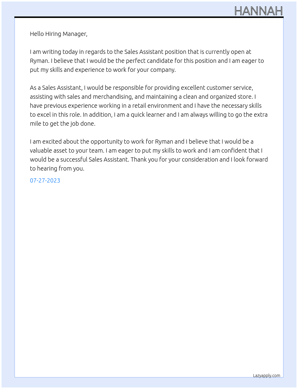 Sales assistant  At Ryman Cover Letter