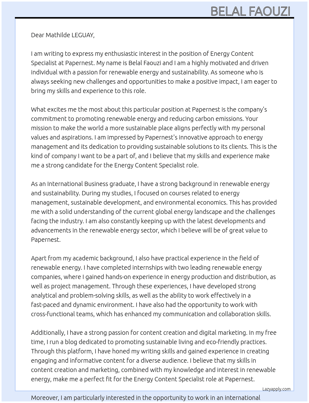 Energy Content Specialist At Papernest Cover Letter