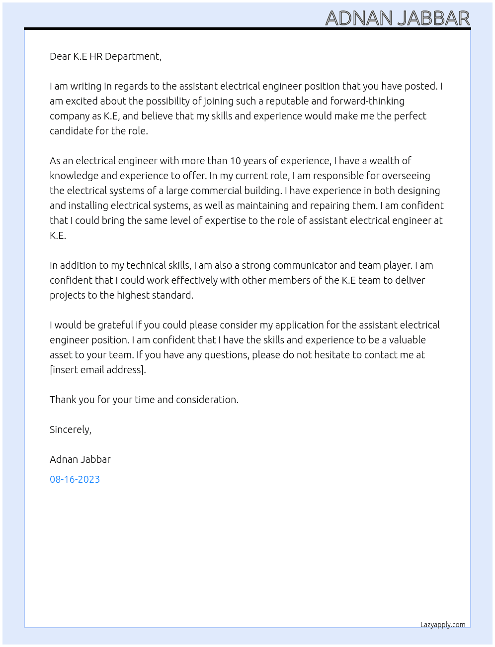 covering letter for assistant electrical engineer At K.E HR Department  Cover Letter