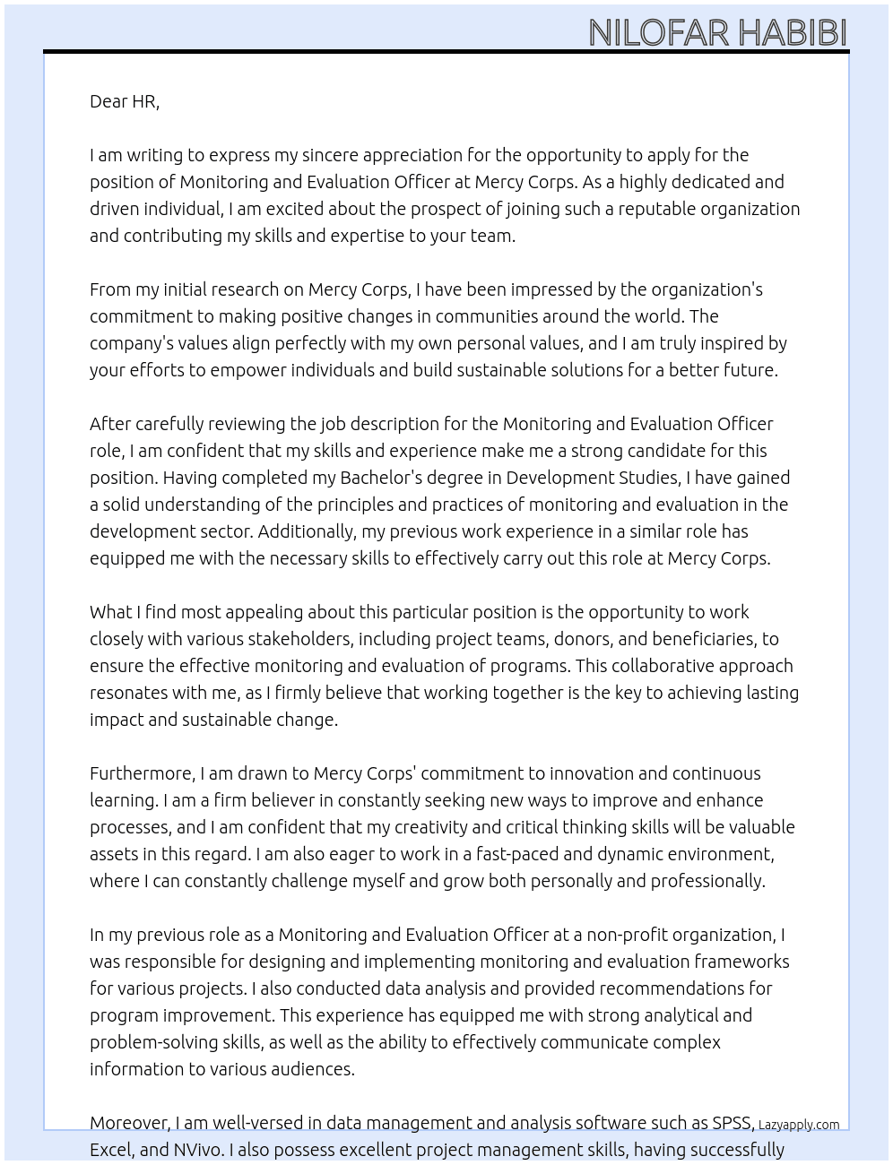Monitoring and Evaluation Officer At Mercy Corps Cover Letter