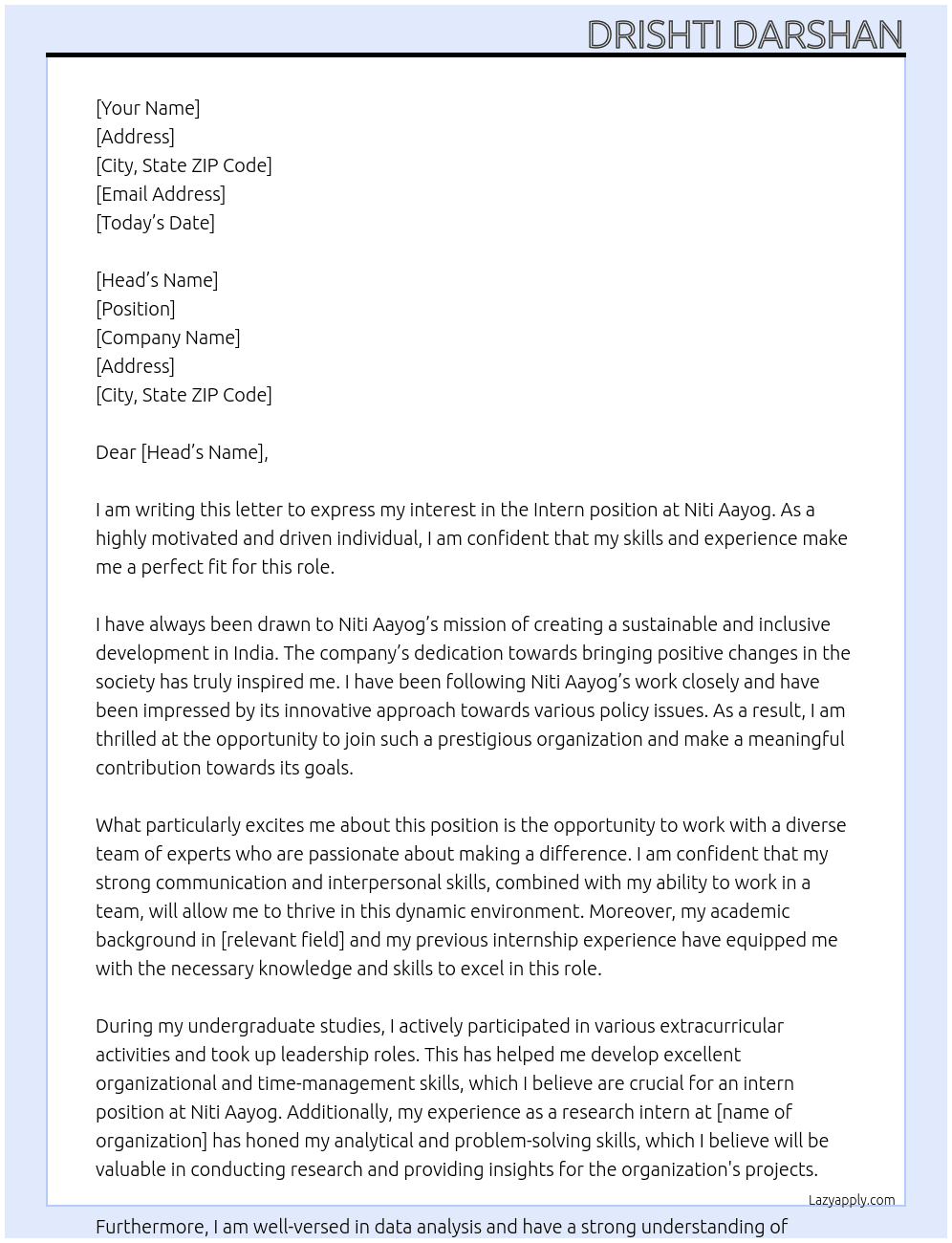 Intern At Niti Aayog Cover Letter