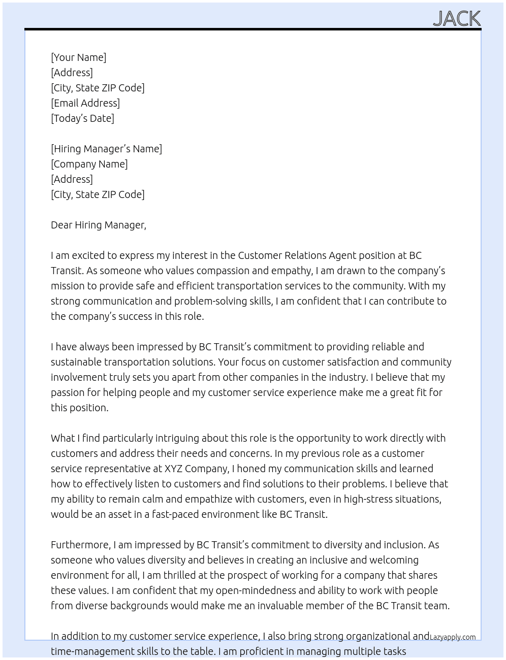 Cover letter for customer relations agent - LazyApply