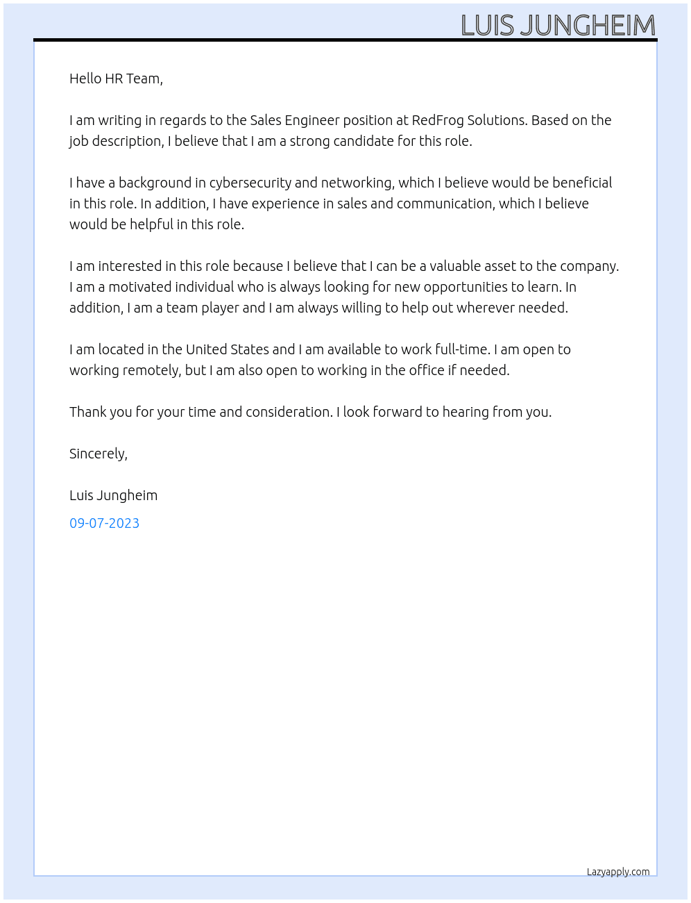 Sales Engineer At RedFrog Solutions Cover Letter