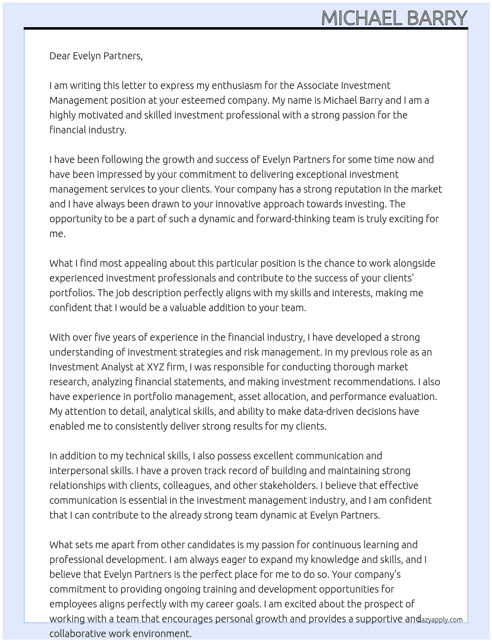 Associate Investment Management At Evelyn Partners Cover Letter