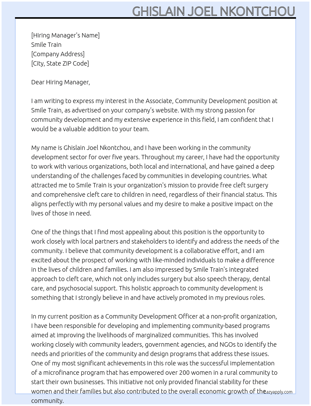 Associate, Community Development At Smile Train Cover Letter