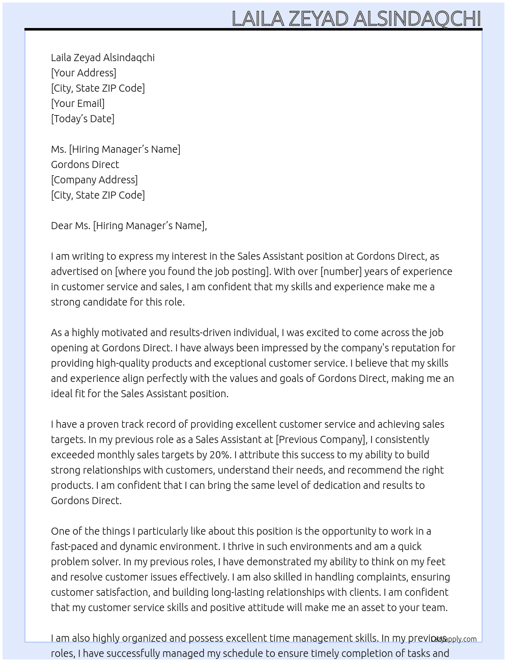Sales Assistant At gordons direct Cover Letter