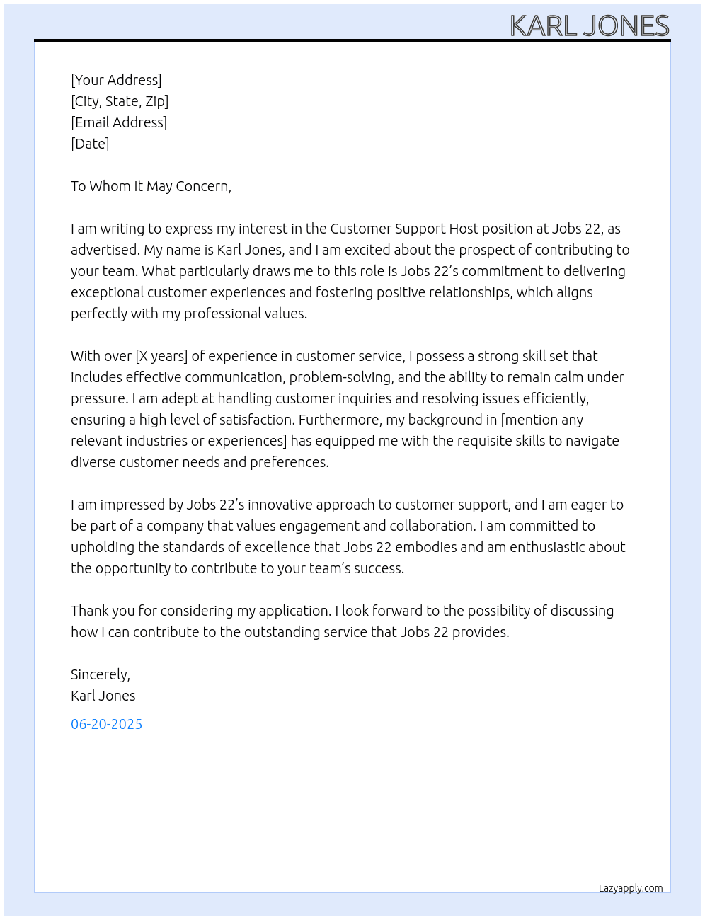 Customer support host At Jobs 22 Cover Letter