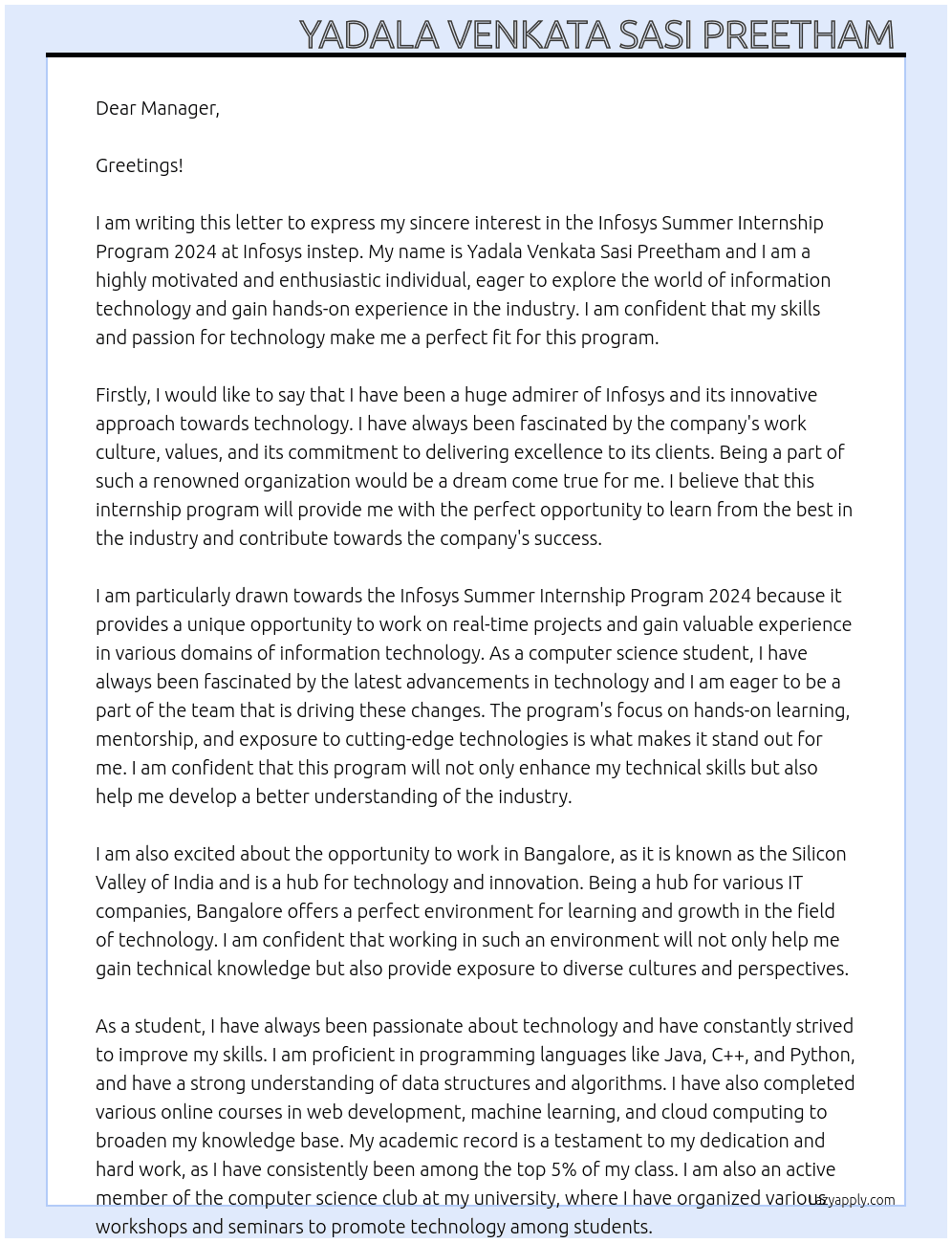 Infosys summer internship program 2024 At Infosys instep Cover Letter
