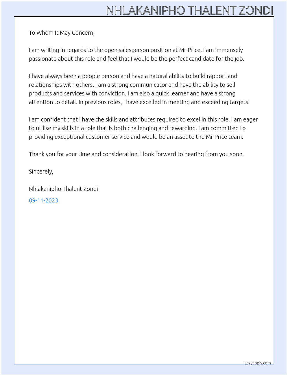  salesperson At Mr price Cover Letter