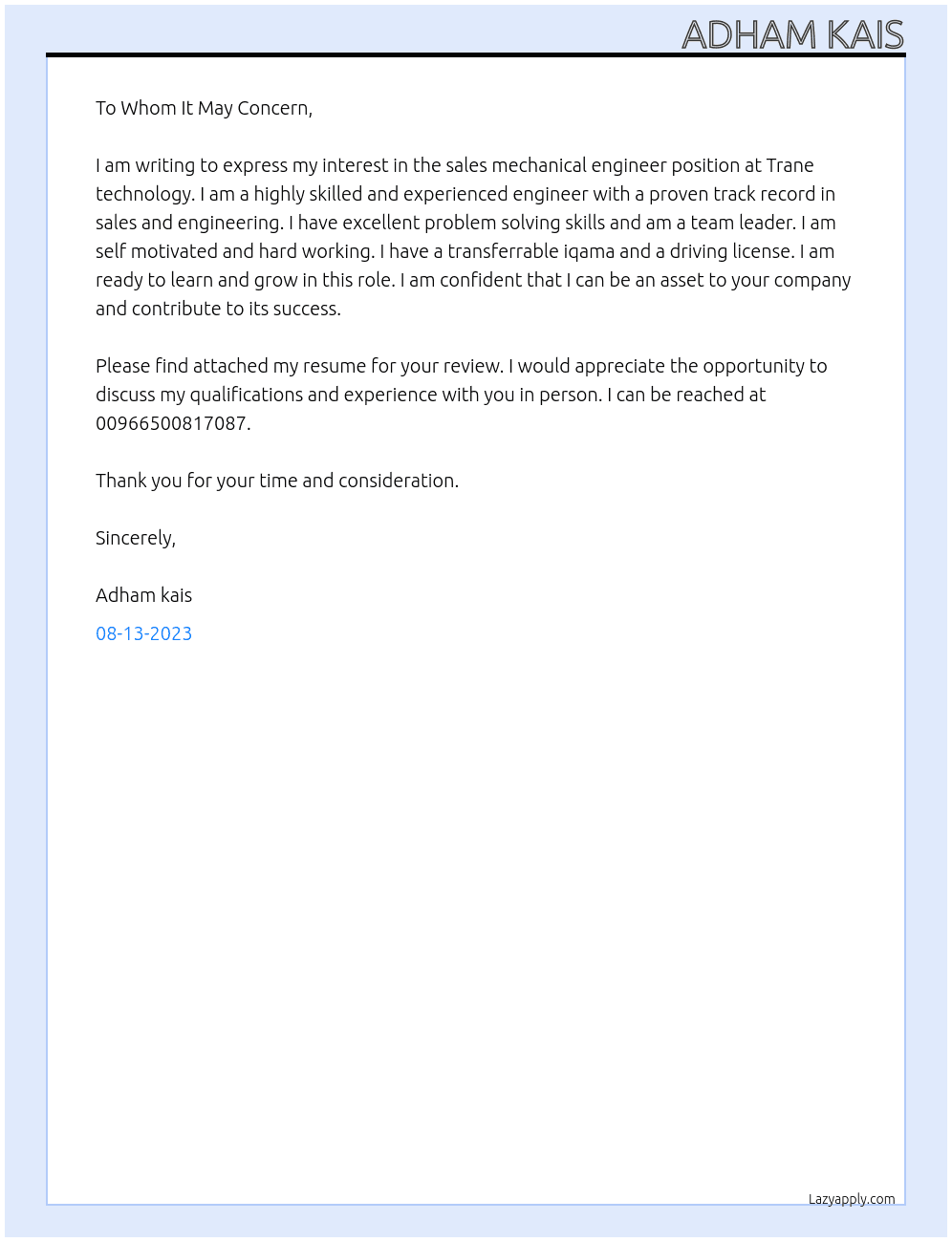 sales mechanical engineer At Trane technology Cover Letter