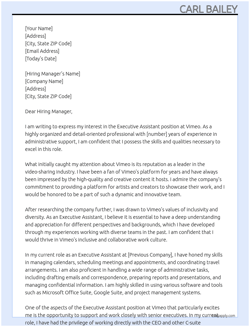Executive Assistant  At Vimeo Cover Letter