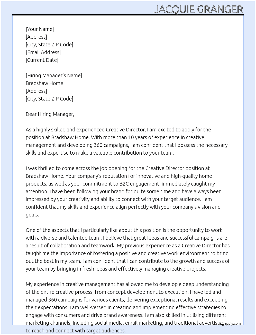 Creative Director At Bradshaw Home Cover Letter