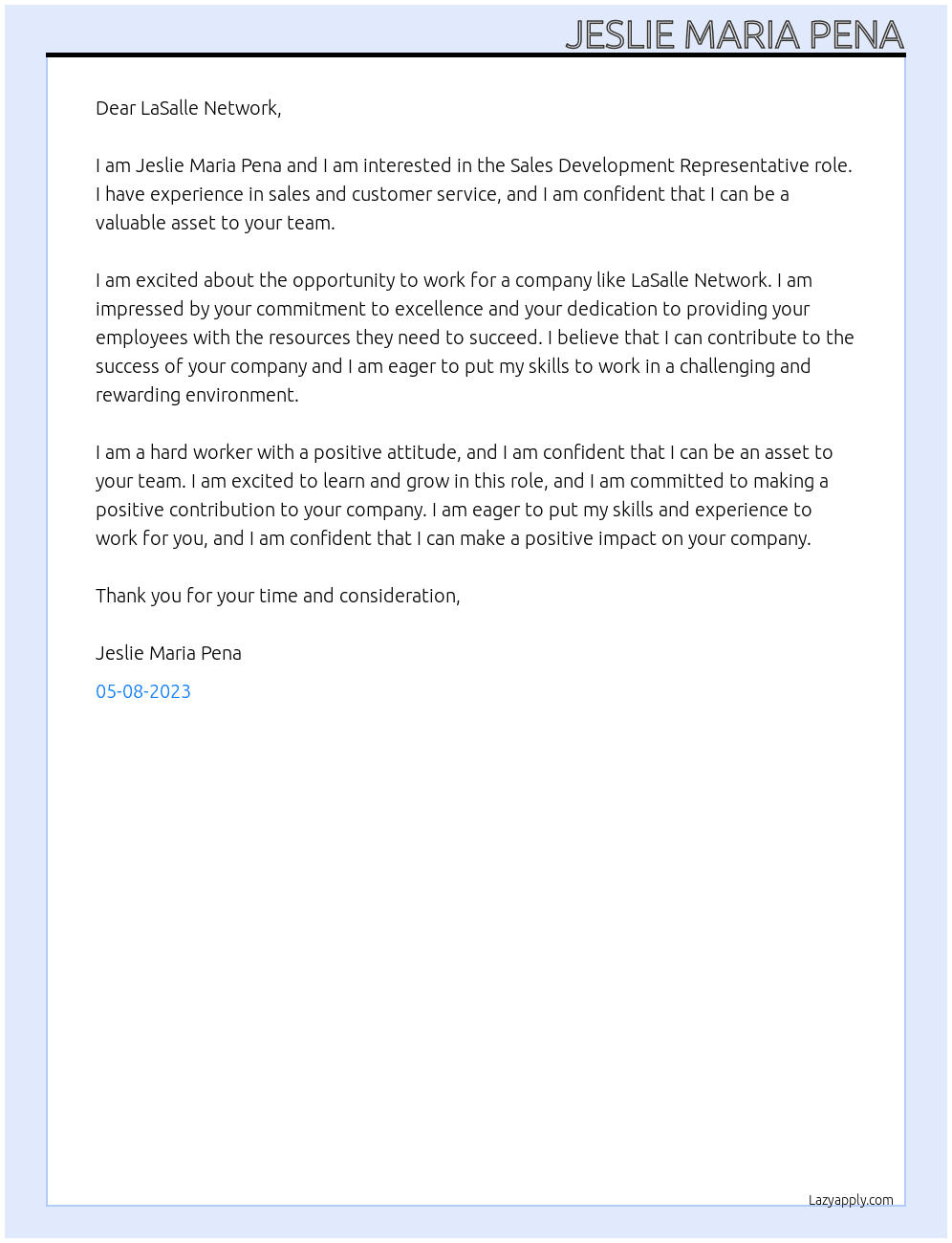 Sales Development Representative At LaSalle Network Cover Letter