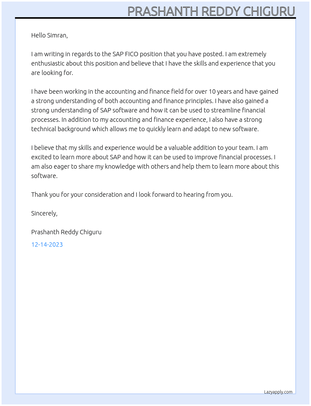 sap fico At sapsol Cover Letter