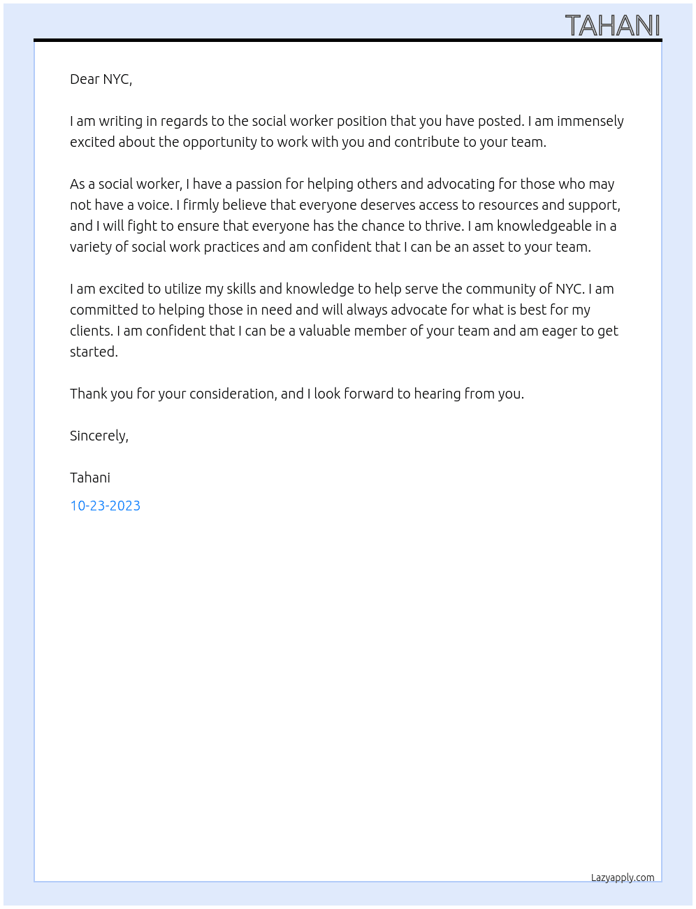 Social worker At NYC Cover Letter