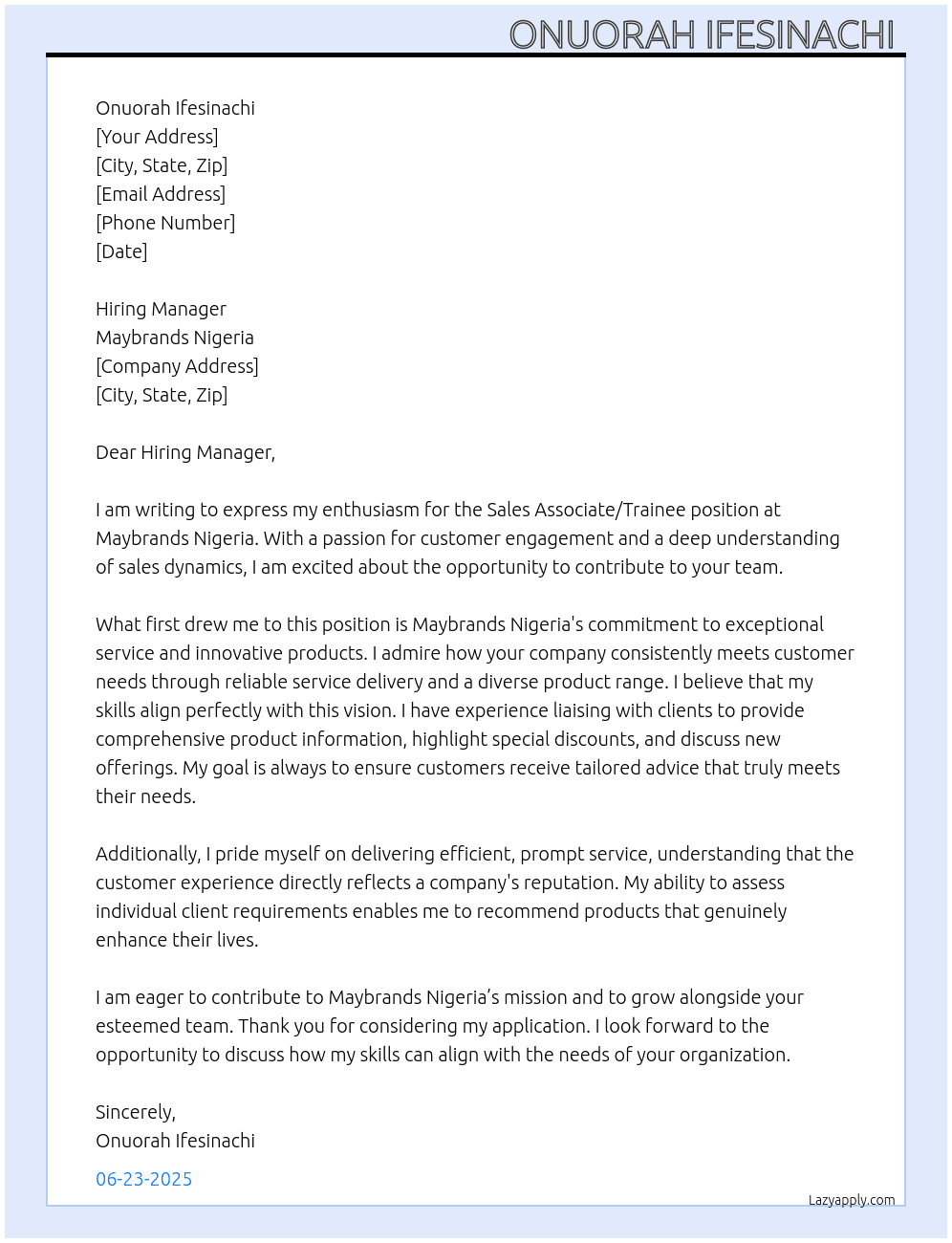 Sales Associate\Trainee At Maybrands Nigeria Cover Letter