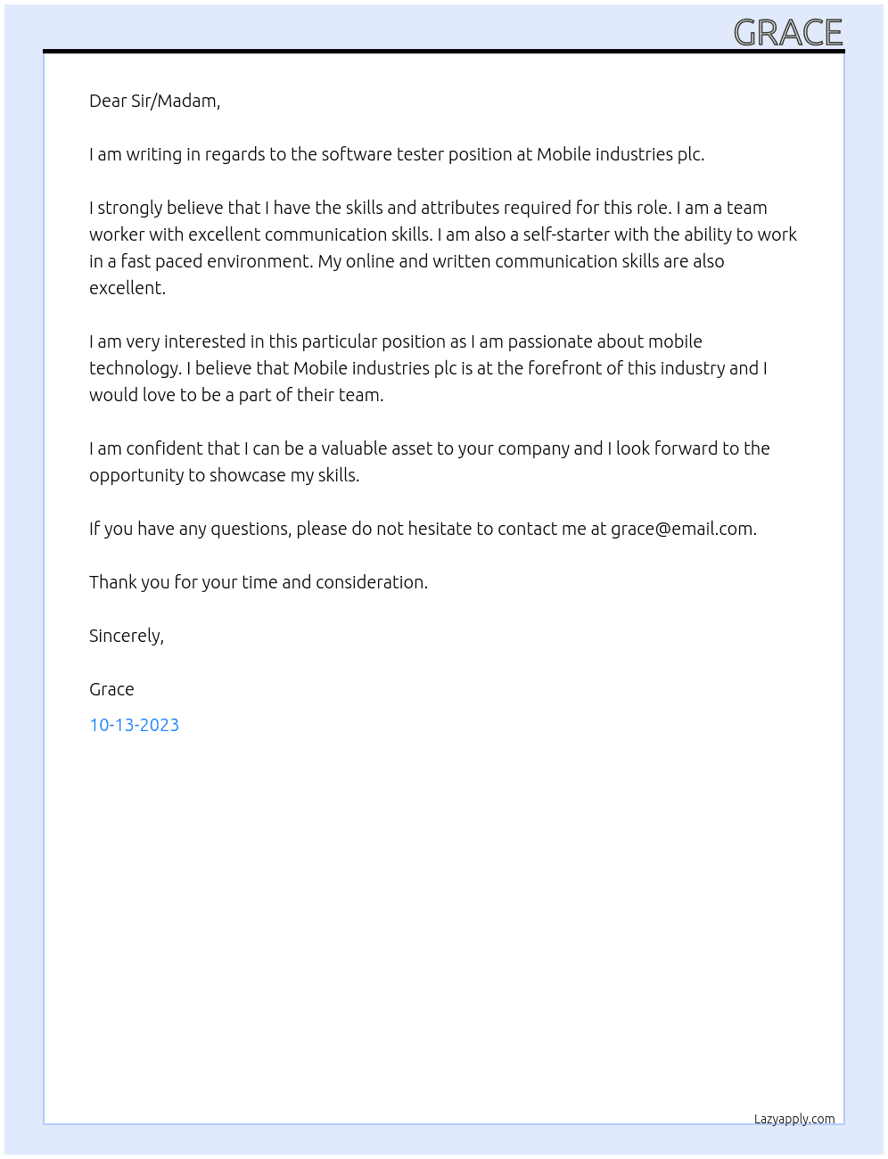 Software Tester At Mobile industries plc Cover Letter