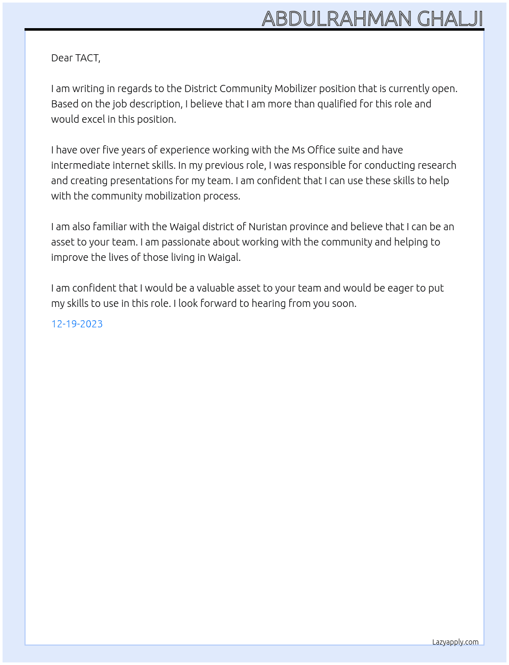 District Community Mobilizer At TACT - Today's Afghanistan Conciliation Trust Cover Letter