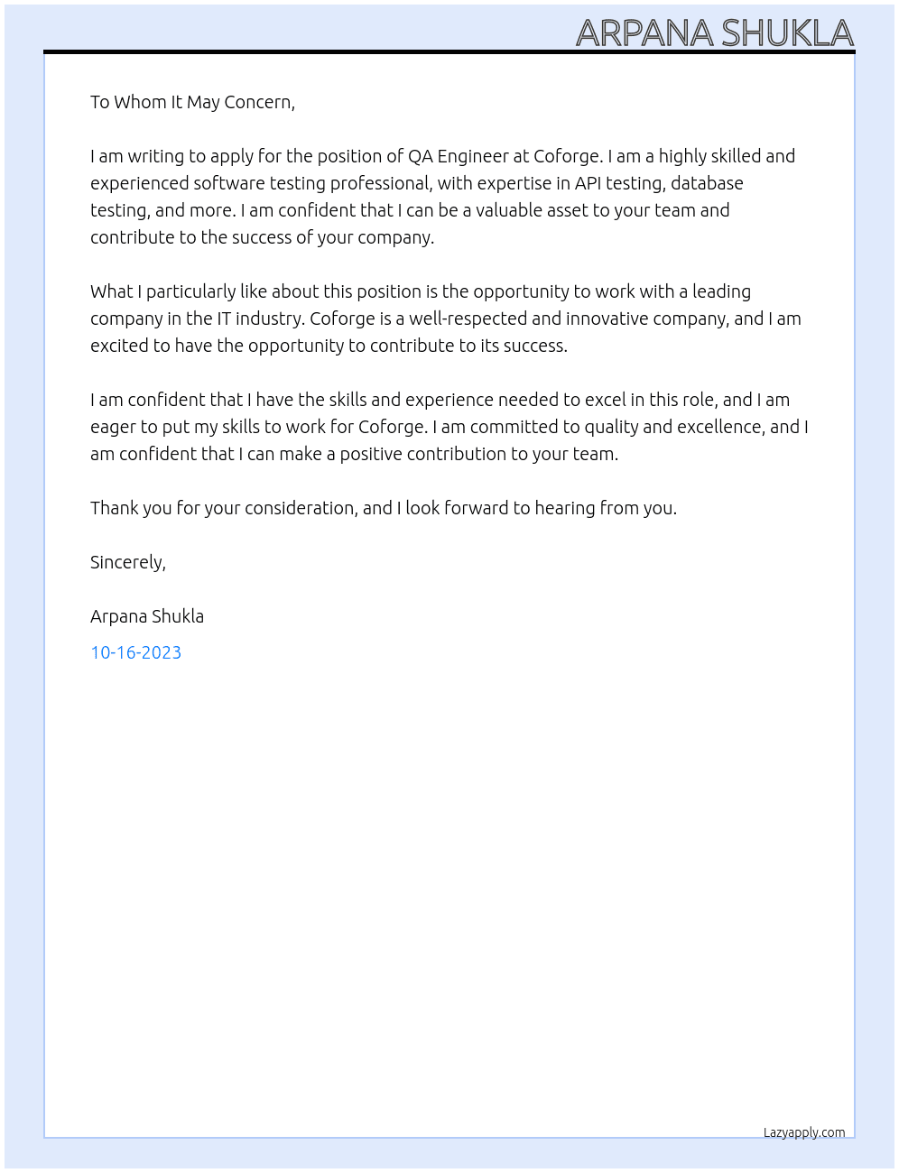 QA Engineer At  Coforge Cover Letter